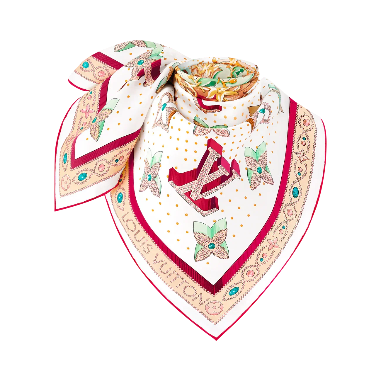 LV Double Sided Scarf 90 White Pink Colorful Monogram Mulberry Silk 169336