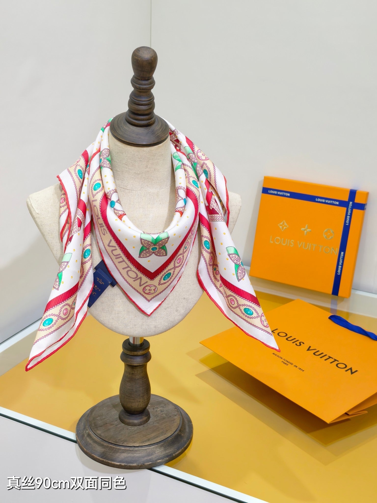 LV Double Sided Scarf 90 White Pink Colorful Monogram Mulberry Silk 169336
