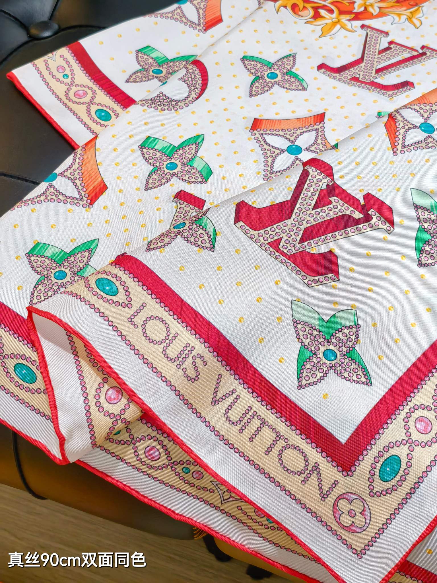 LV Double Sided Scarf 90 White Pink Colorful Monogram Mulberry Silk 169336