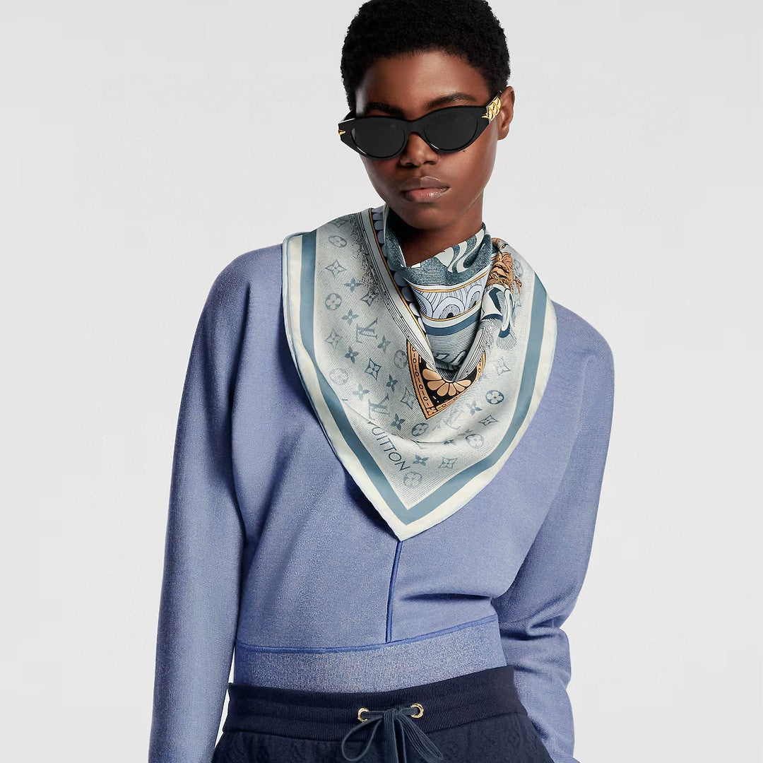 LV Double Sided Scarf 90 Blue Monogram Twill Silk 168748