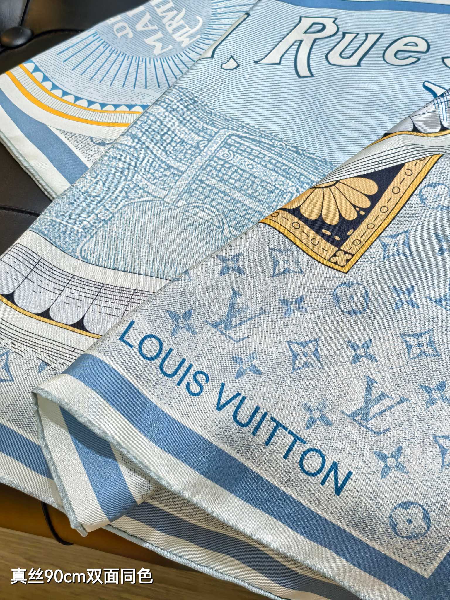 LV Double Sided Scarf 90 Blue Monogram Twill Silk 168748