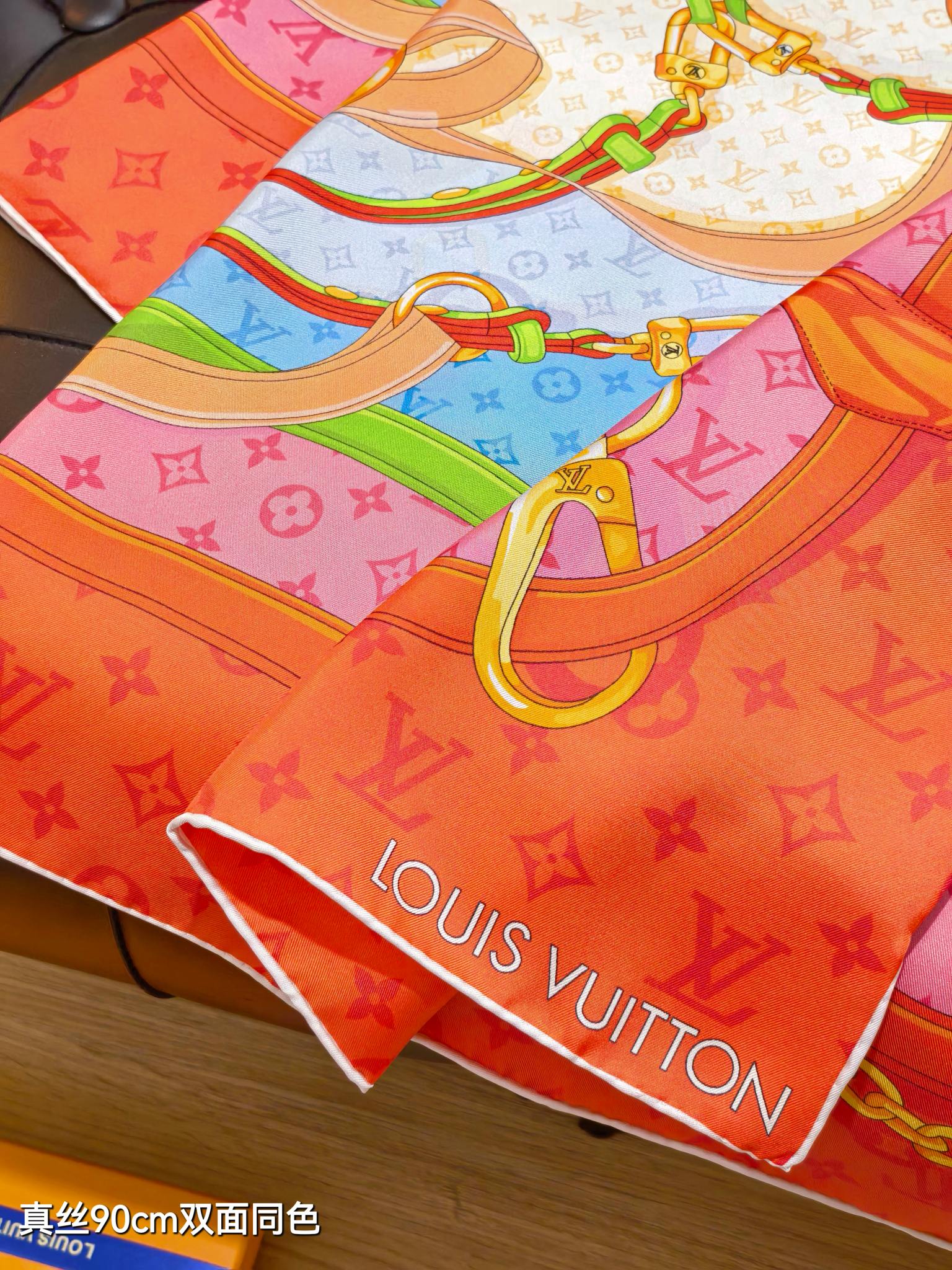 LV Double Sided Scarf 90 Orange Monogram Cashmere Silk 168749