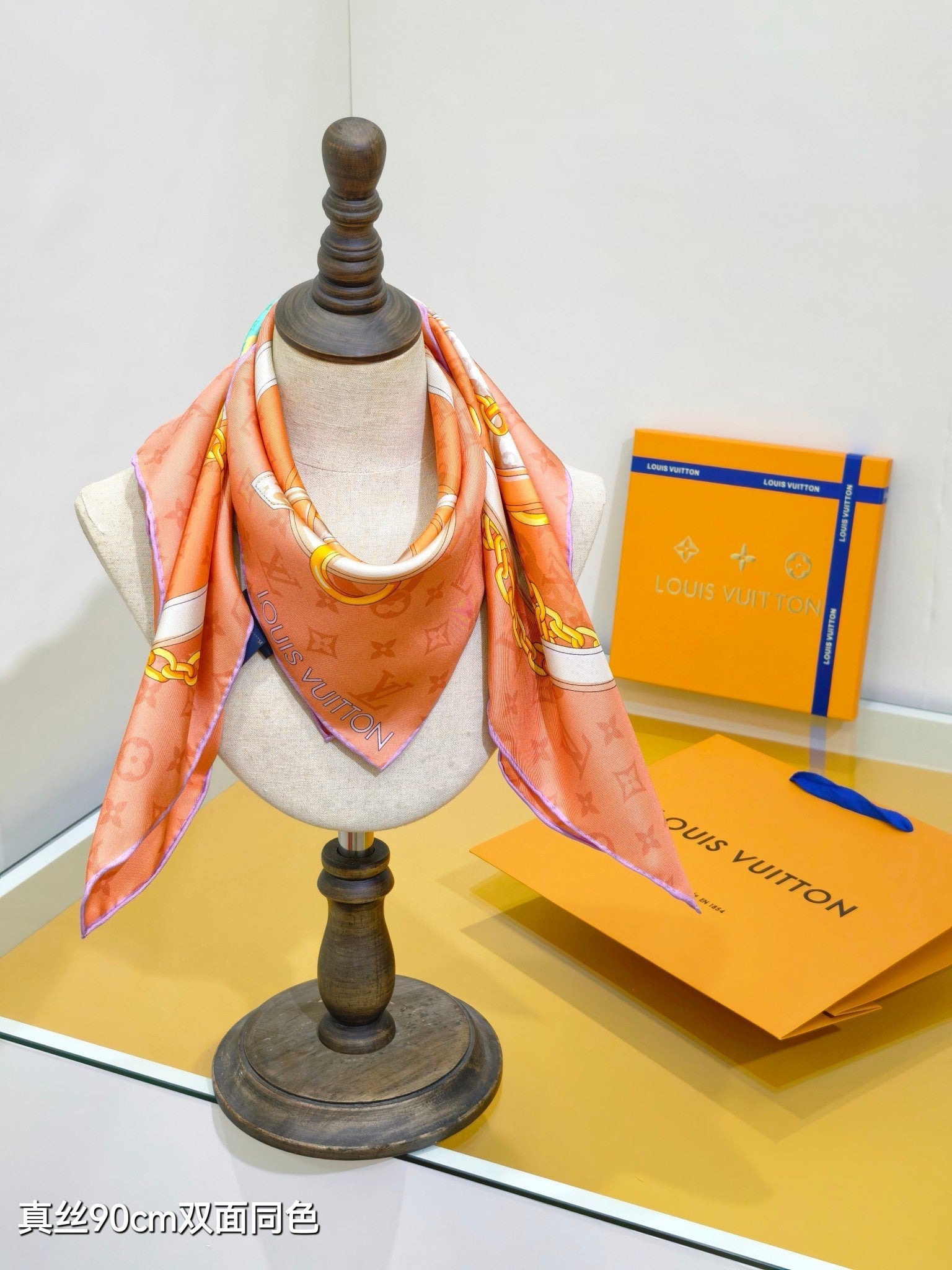 LV Double Sided Scarf 90 Light Orange Monogram Cashmere Silk 168750