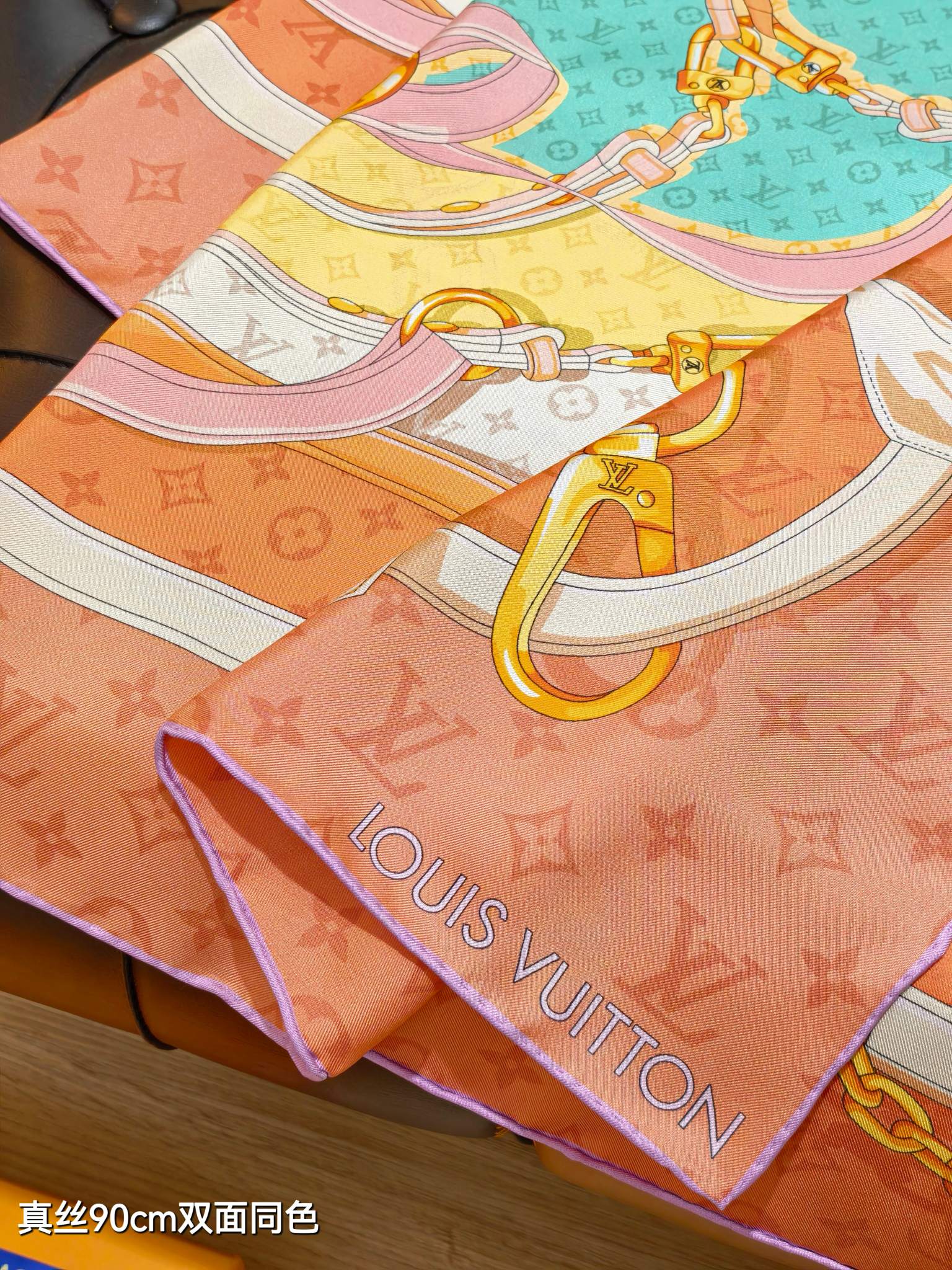 LV Double Sided Scarf 90 Light Orange Monogram Cashmere Silk 168750