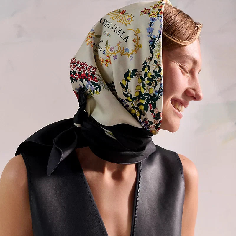 HM 26s 90 Double Sided Scarf Black White Colorful Mulberry Silk 145753