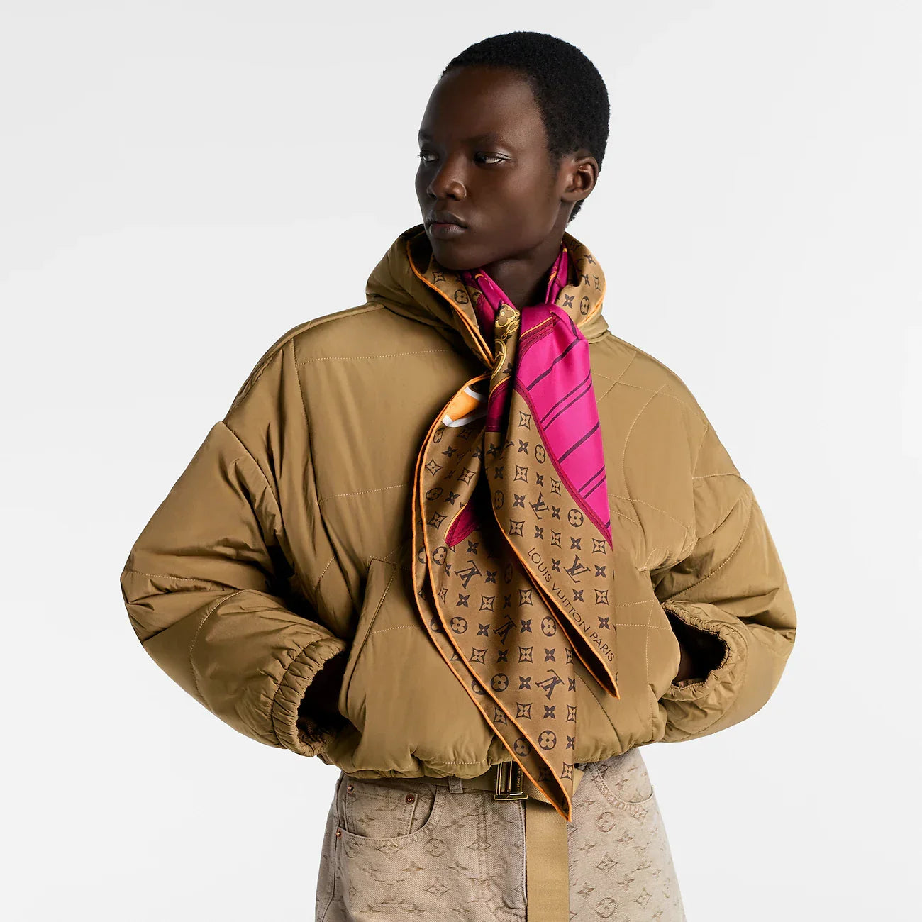 LV Double Sided Scarf 90 Pink Brown Monogram Cashmere Silk 168751