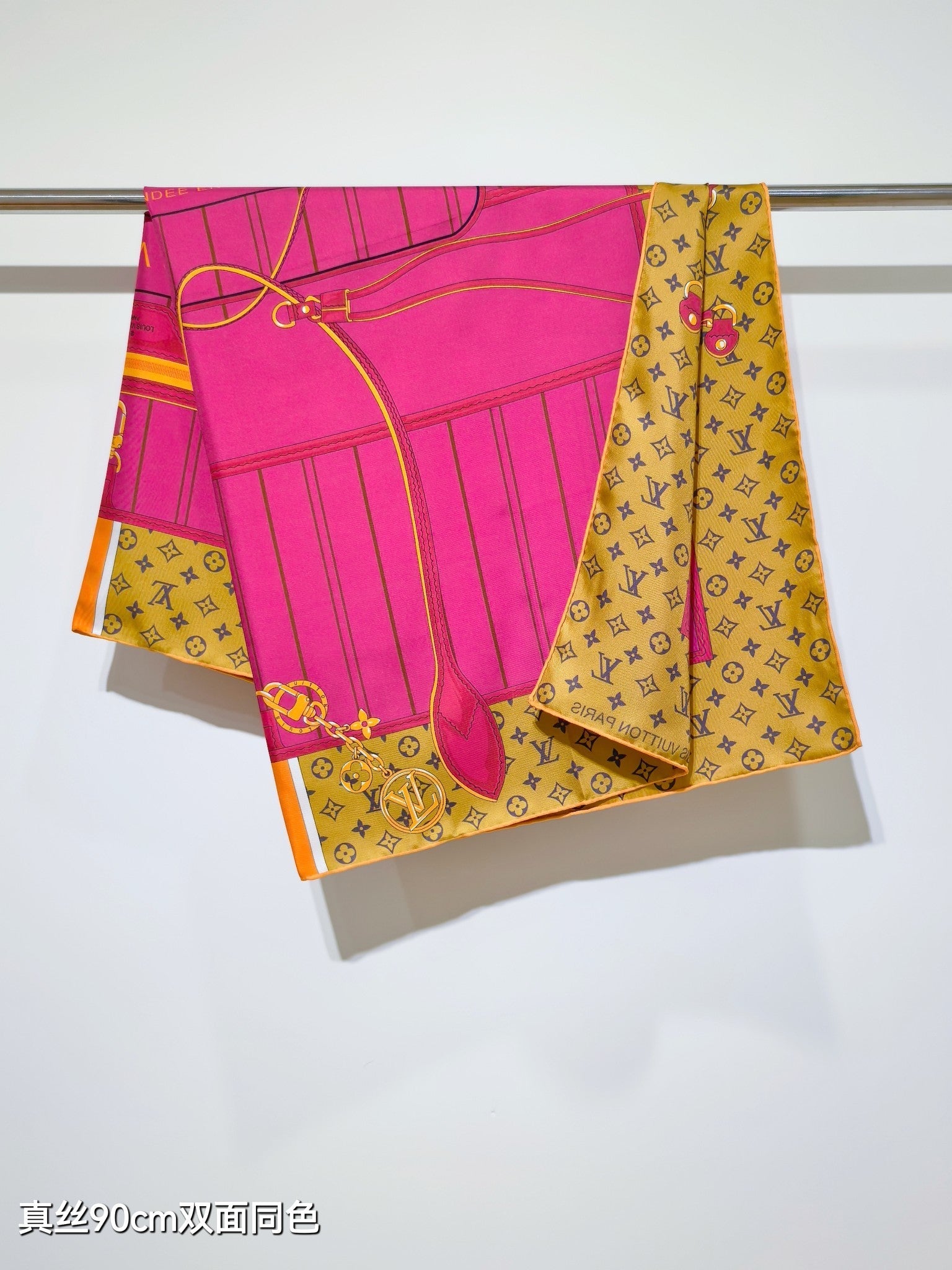 LV Double Sided Scarf 90 Pink Brown Monogram Cashmere Silk 168751
