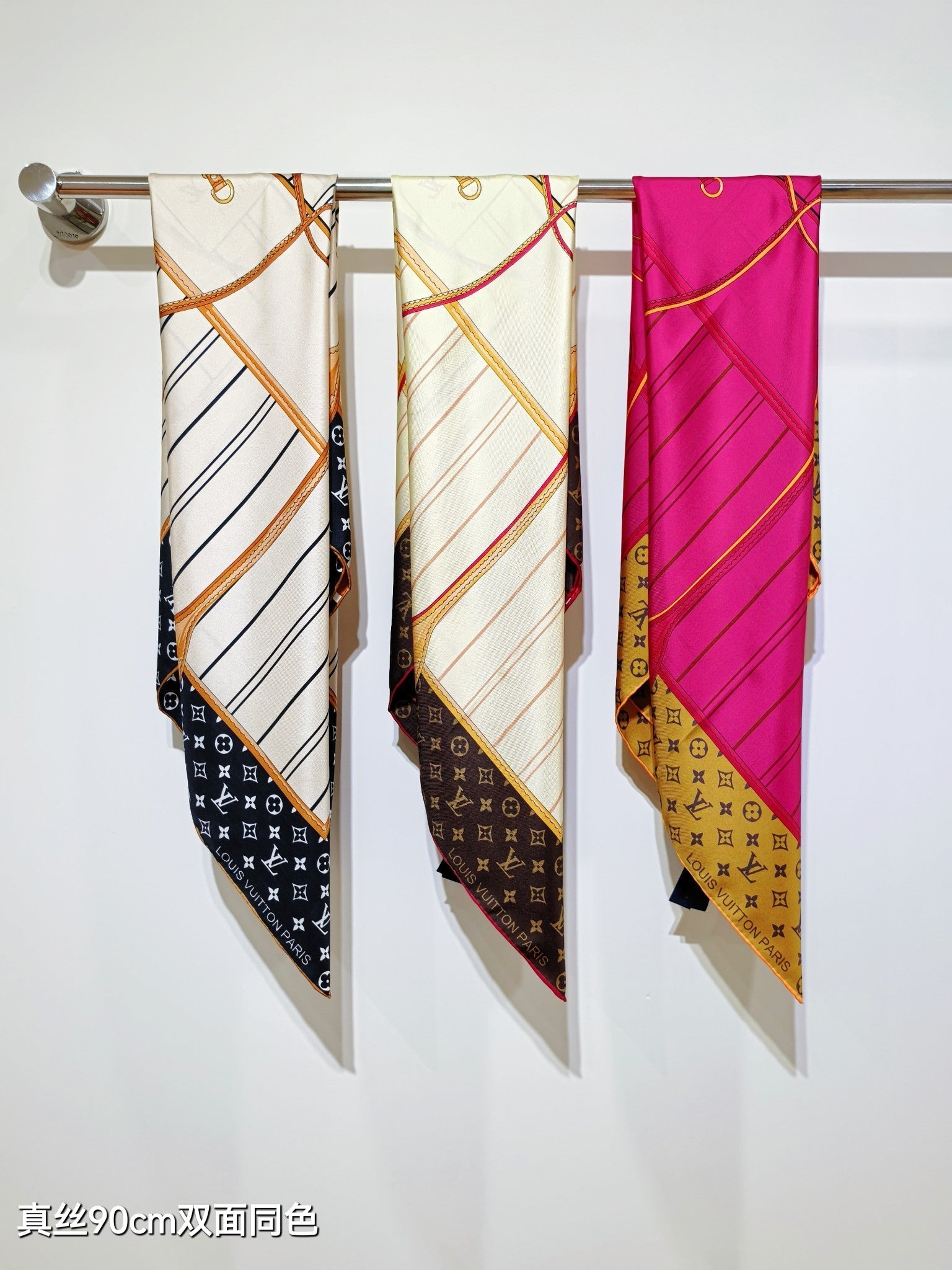 LV Double Sided Scarf 90 Pink Brown Monogram Cashmere Silk 168751