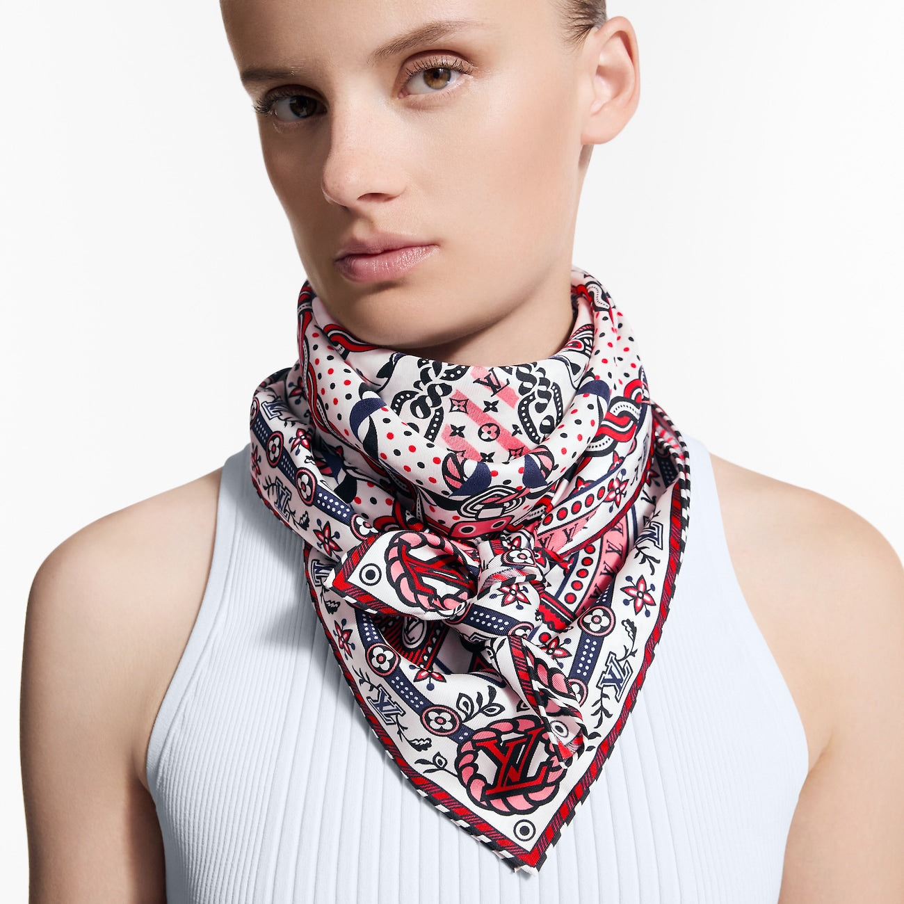 LV Double Sided Scarf 90 Blue Pink White Monogram Twill Silk 164408
