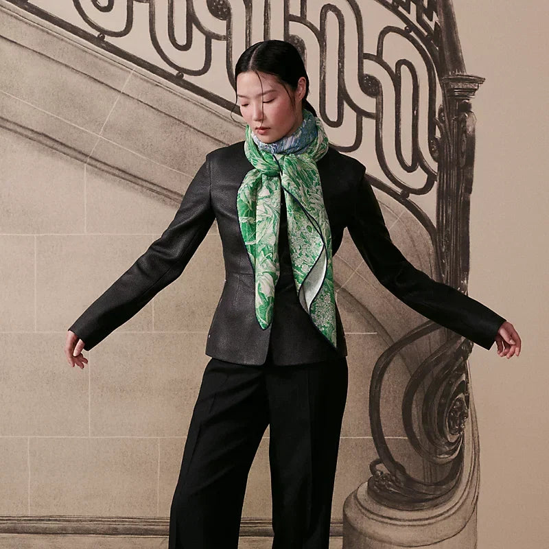 HM 26s 90 Double Sided Scarf Green Colorful Mulberry Silk 141471