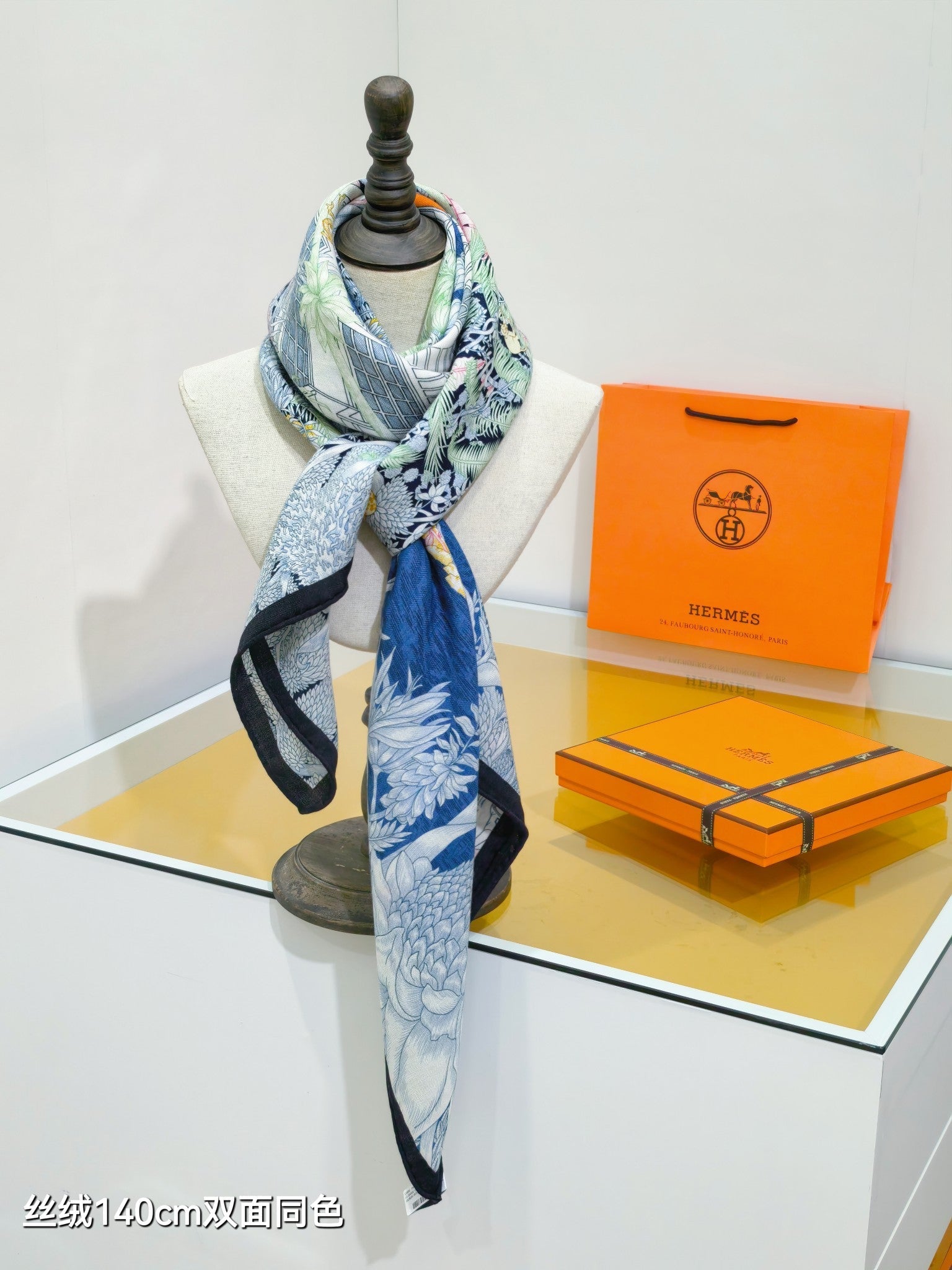 HM 26s 90 Double Sided Scarf Blue Colorful Mulberry Silk 141476
