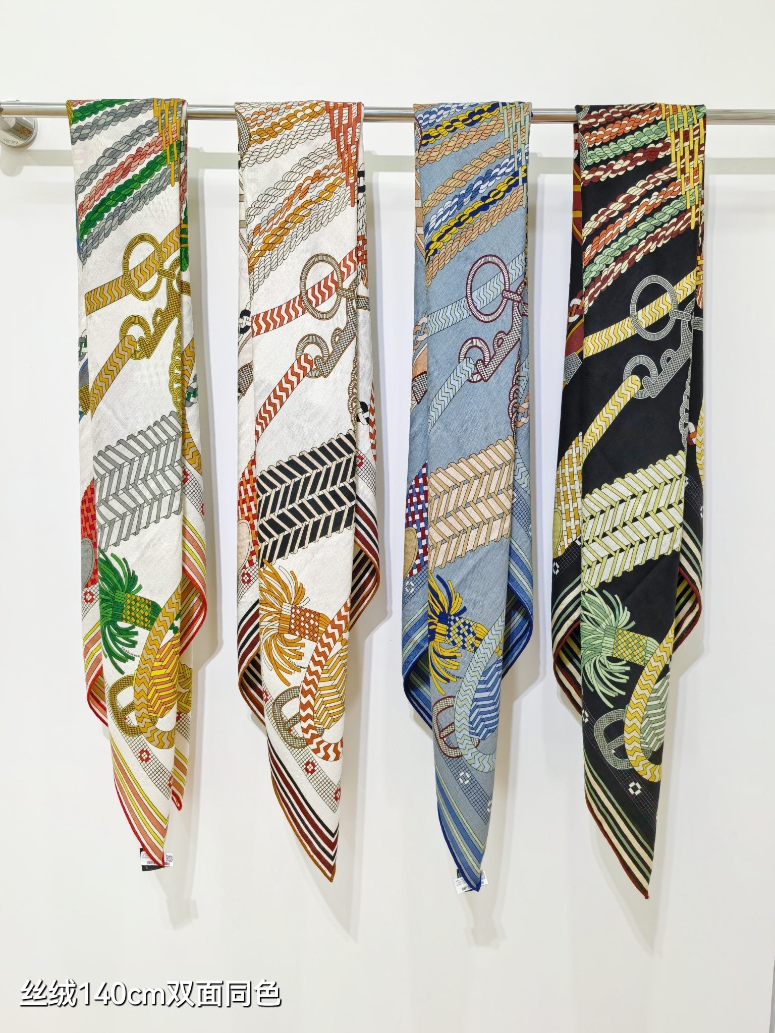 HM 26ss Double Sided Scarf 140 White Beige Colorful Cashmere Silk 132450