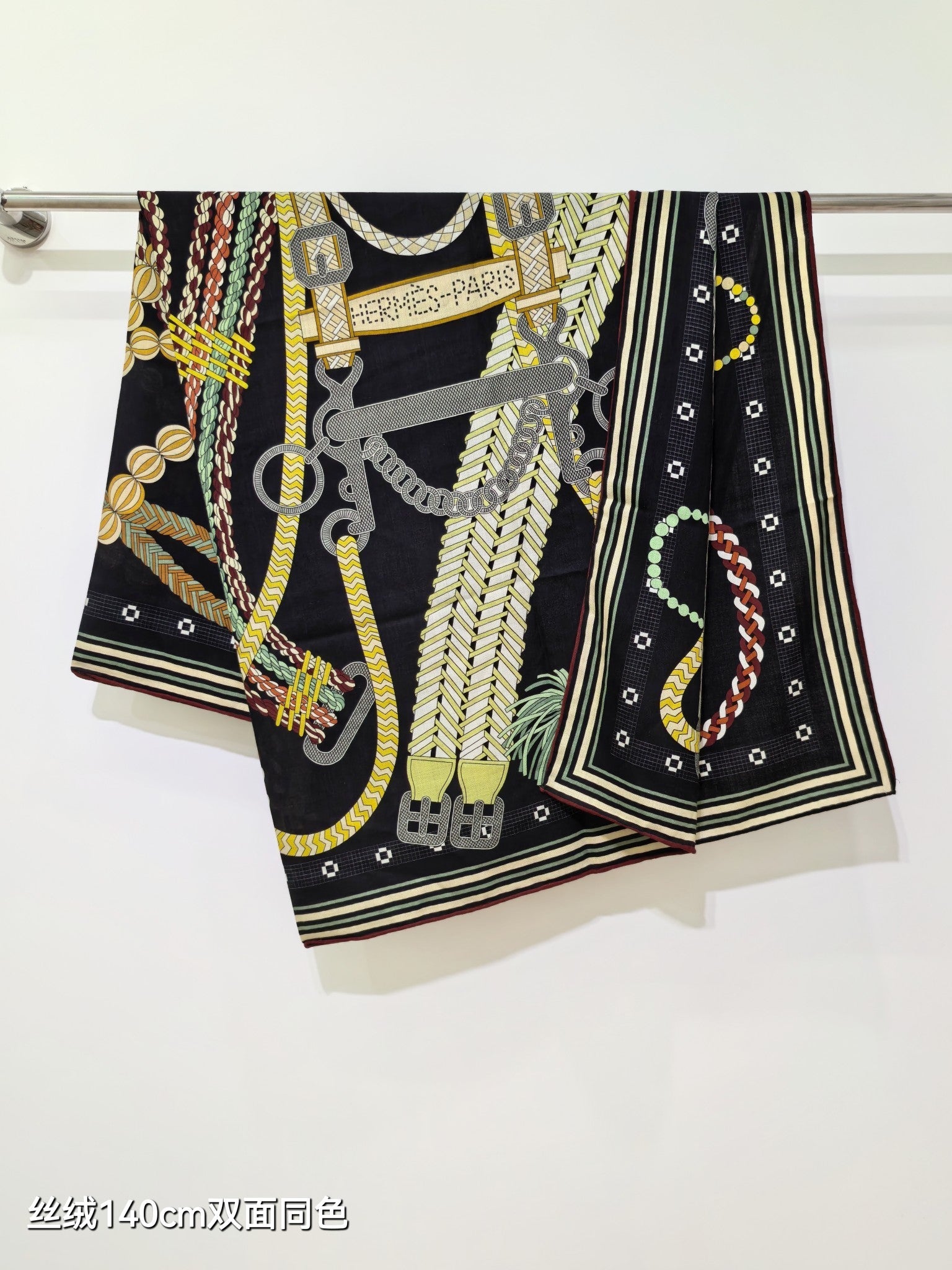 HM 26ss Double Sided Scarf 140 Black Beige Colorful Cashmere Silk 132451
