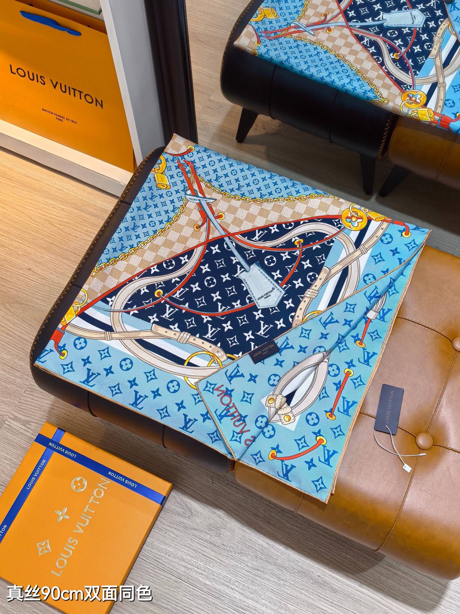 LV Double Sided Scarf 90 Blue Monogram Cashmere Silk 168756