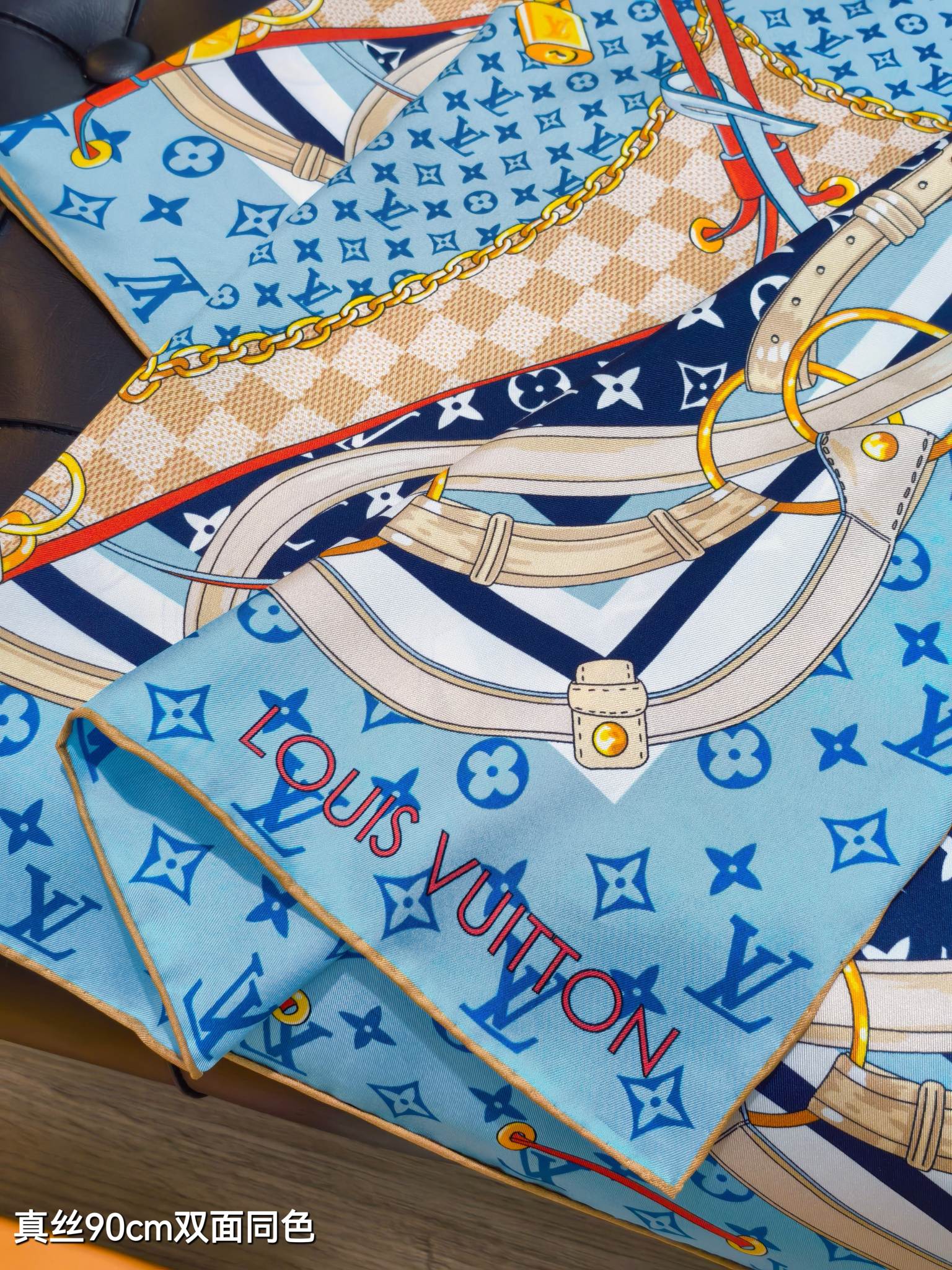 LV Double Sided Scarf 90 Blue Monogram Cashmere Silk 168756