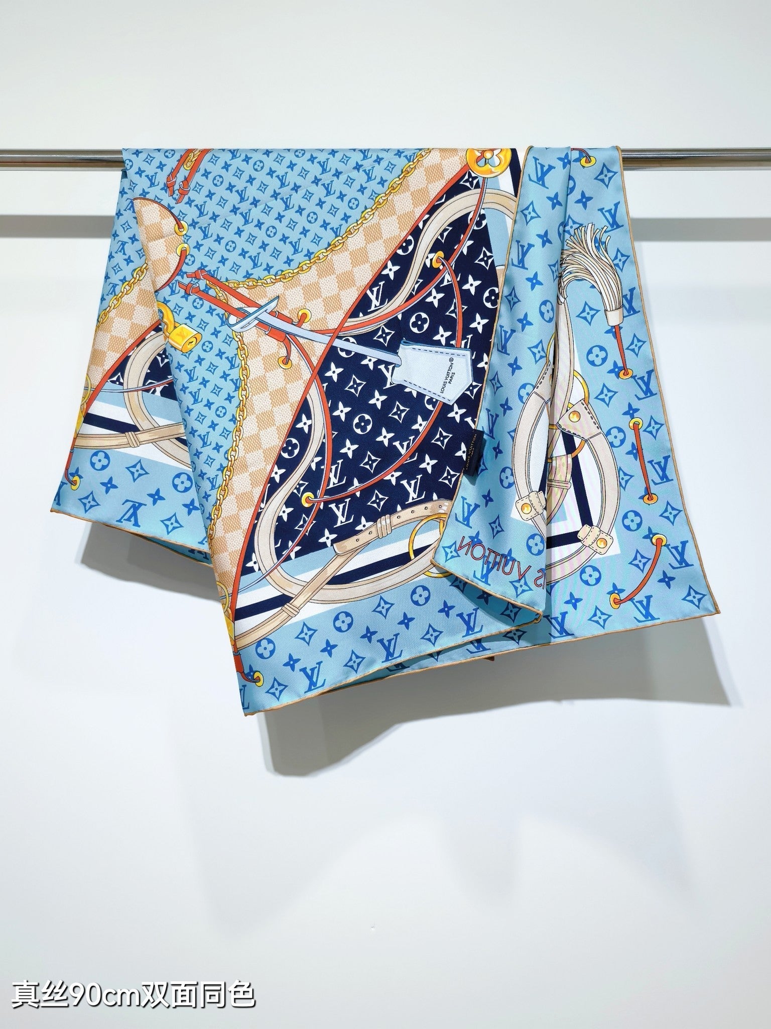 LV Double Sided Scarf 90 Blue Monogram Cashmere Silk 168756