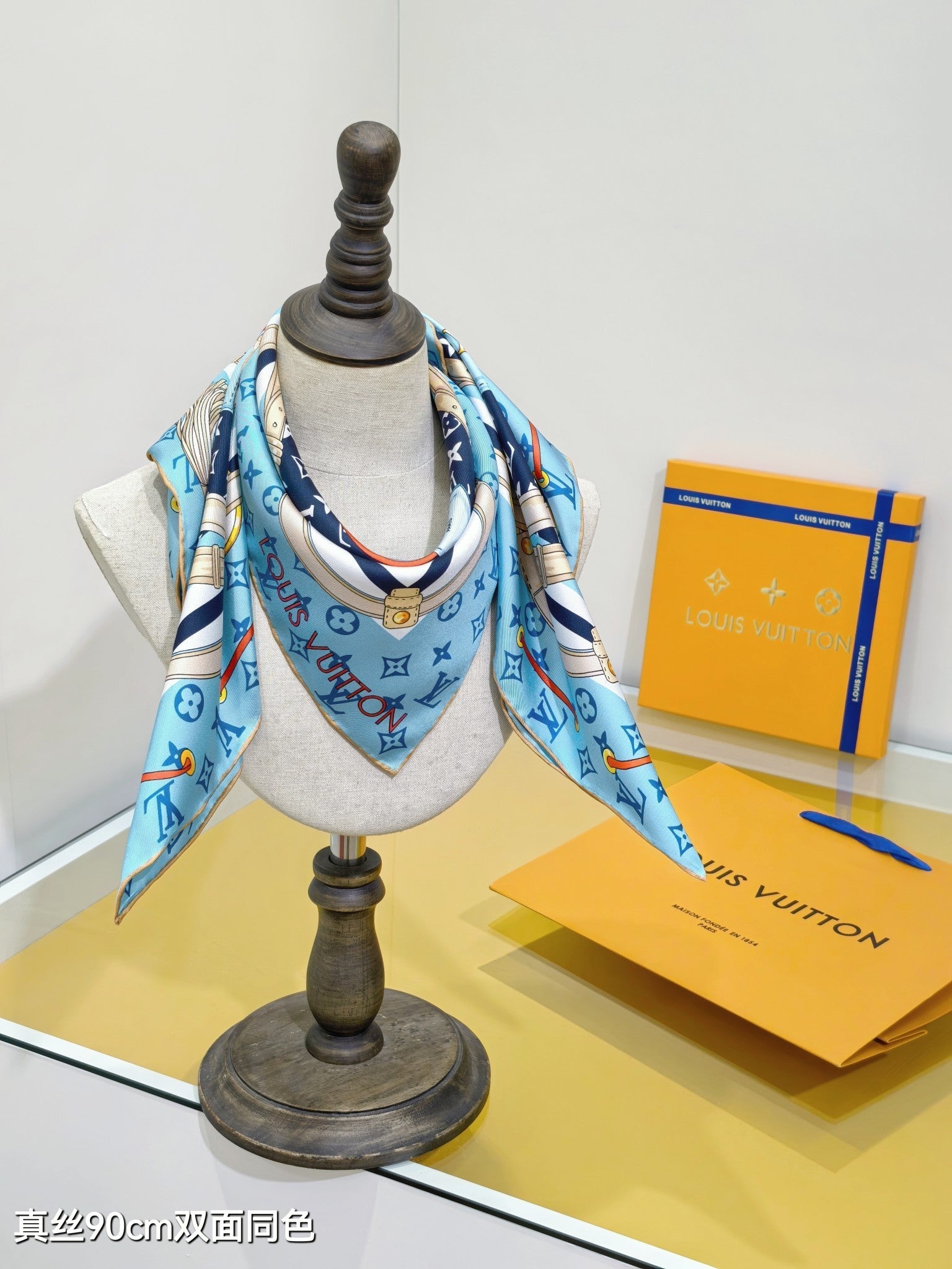 LV Double Sided Scarf 90 Blue Monogram Cashmere Silk 168756