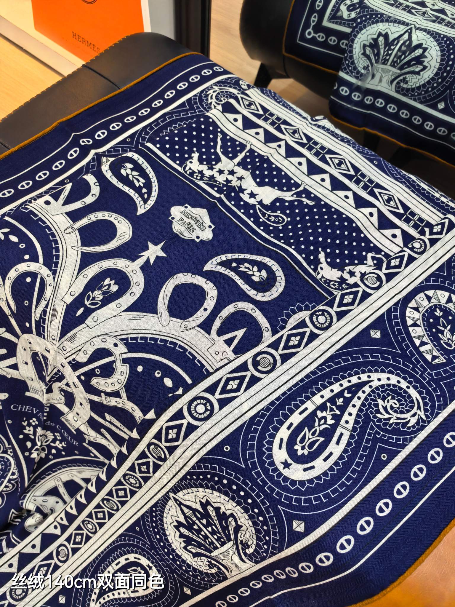 HM 26s Heart Horse Scarf 140 Navy Blue Cashmere Silk 139236