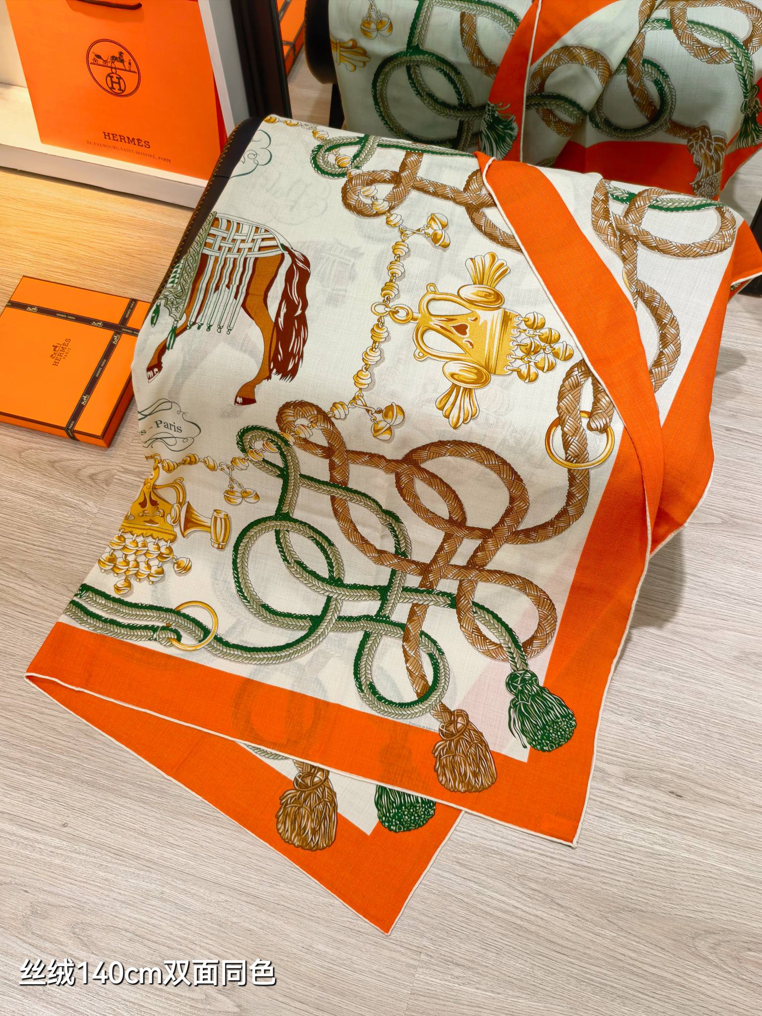 HM 26ss Double Sided Scarf 90 Orange Green Beige Cashmere Silk 132455