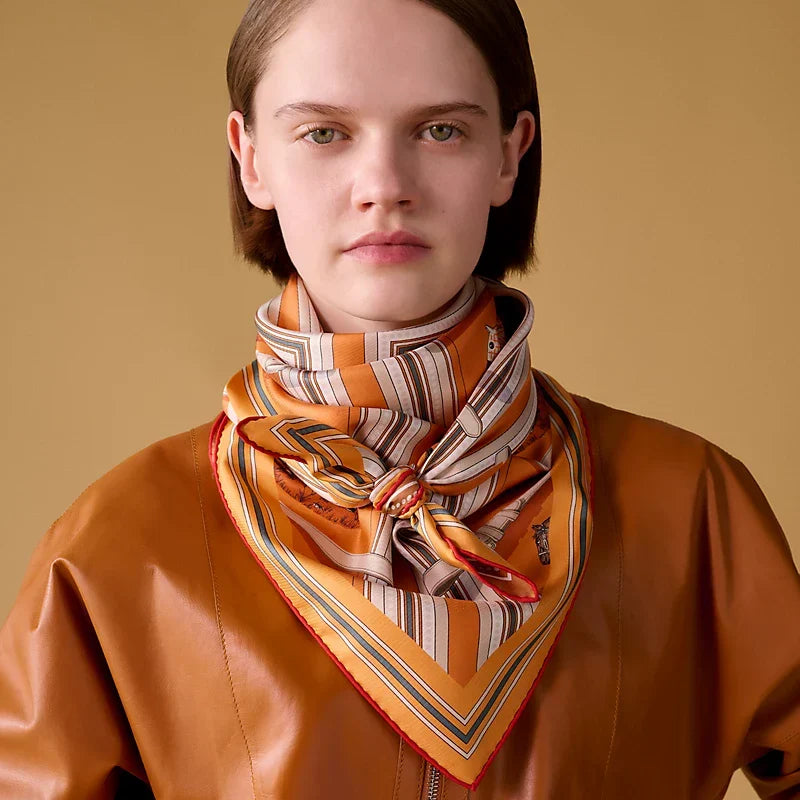 HM 26s Horse Scarf 140 Orange Colorful Cashmere Silk 139219