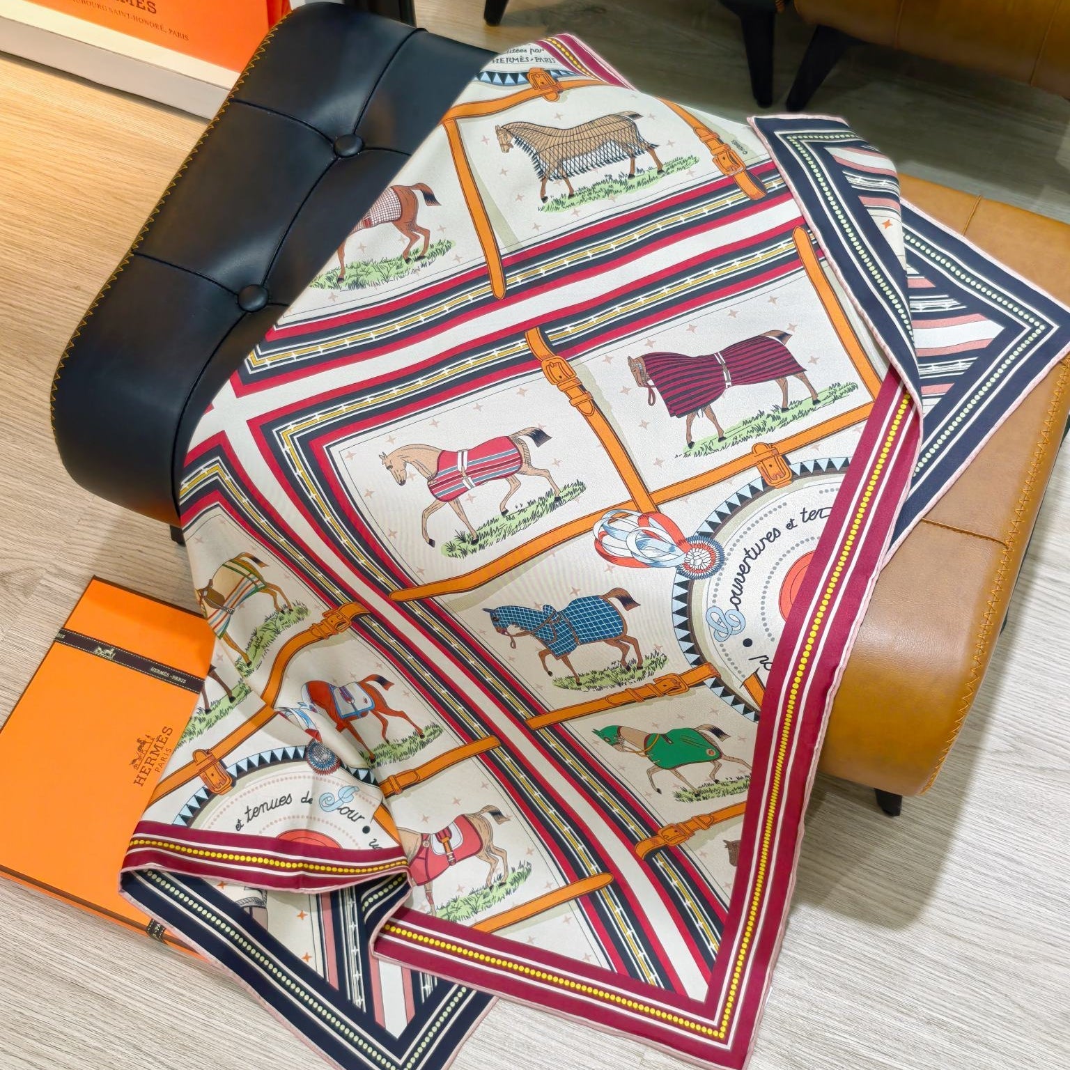 HM 26s Horse Scarf 140 Beige Red Colorful Cashmere Silk 139220