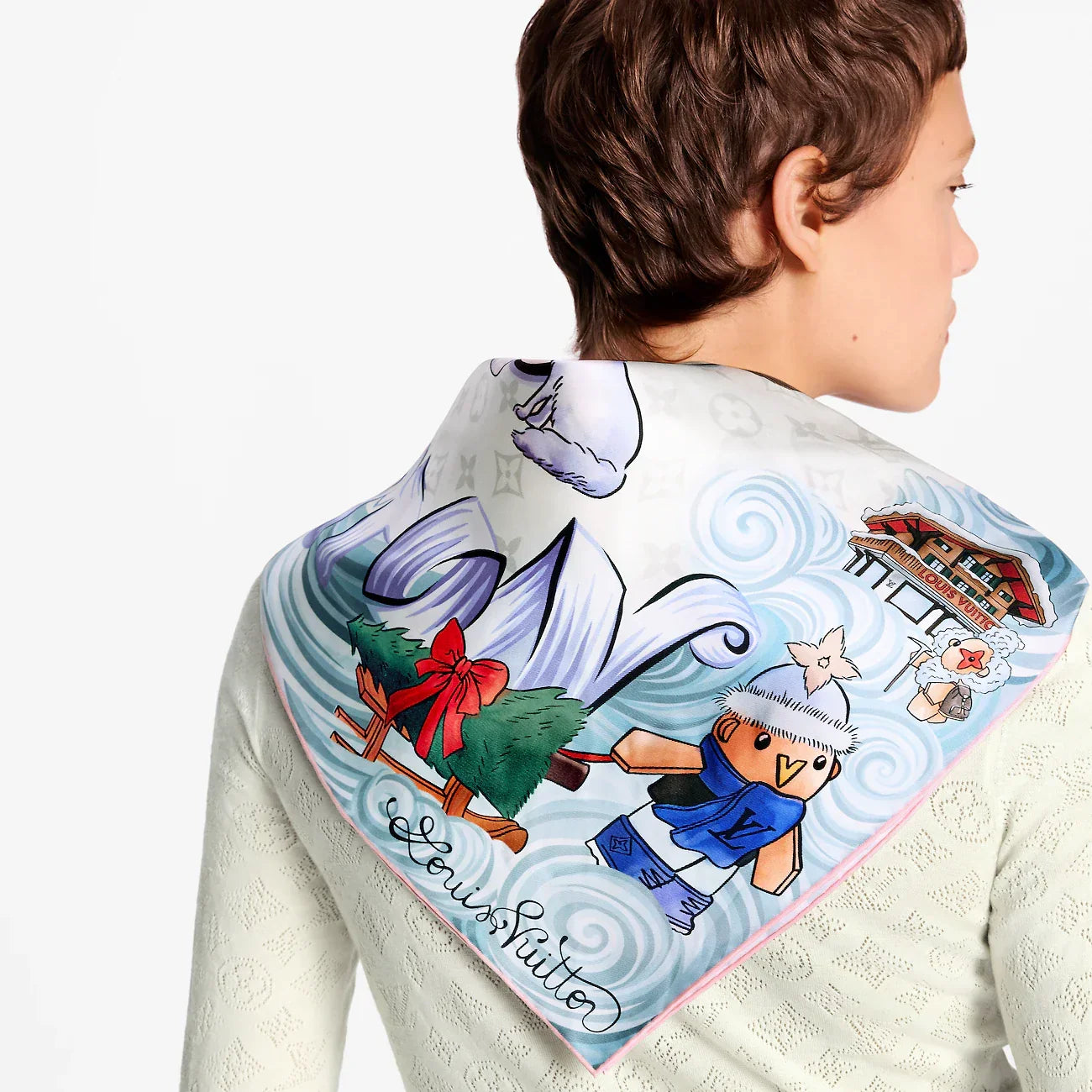 LV Double Sided Scarf 90 White Blue Colorful Mulberry Silk 168788
