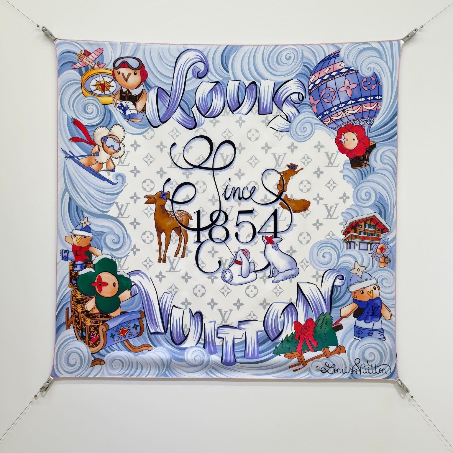 LV Double Sided Scarf 90 White Blue Colorful Mulberry Silk 168788