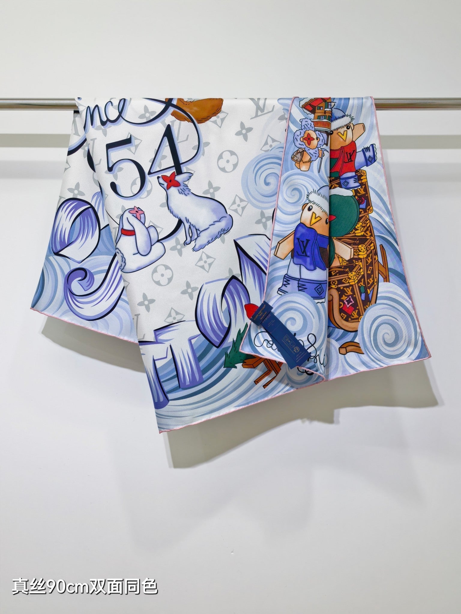 LV Double Sided Scarf 90 White Blue Colorful Mulberry Silk 168788