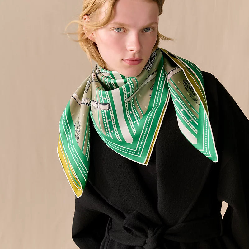 HM 26s Horse Scarf 140 Yellow Green Cashmere Silk 139222