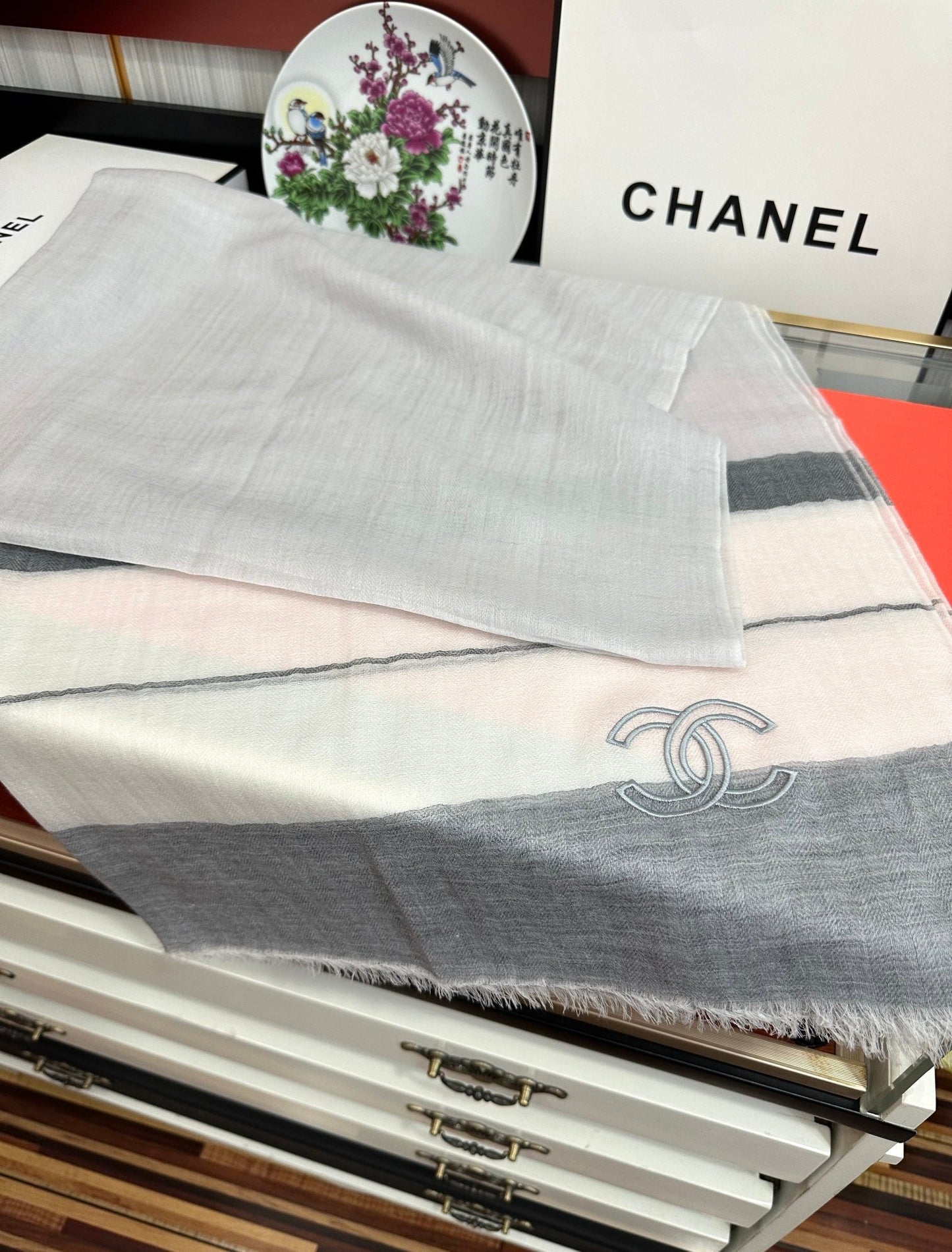 CC Scarf 200 CM In White Mix Light Grey Linen Fabric 423097