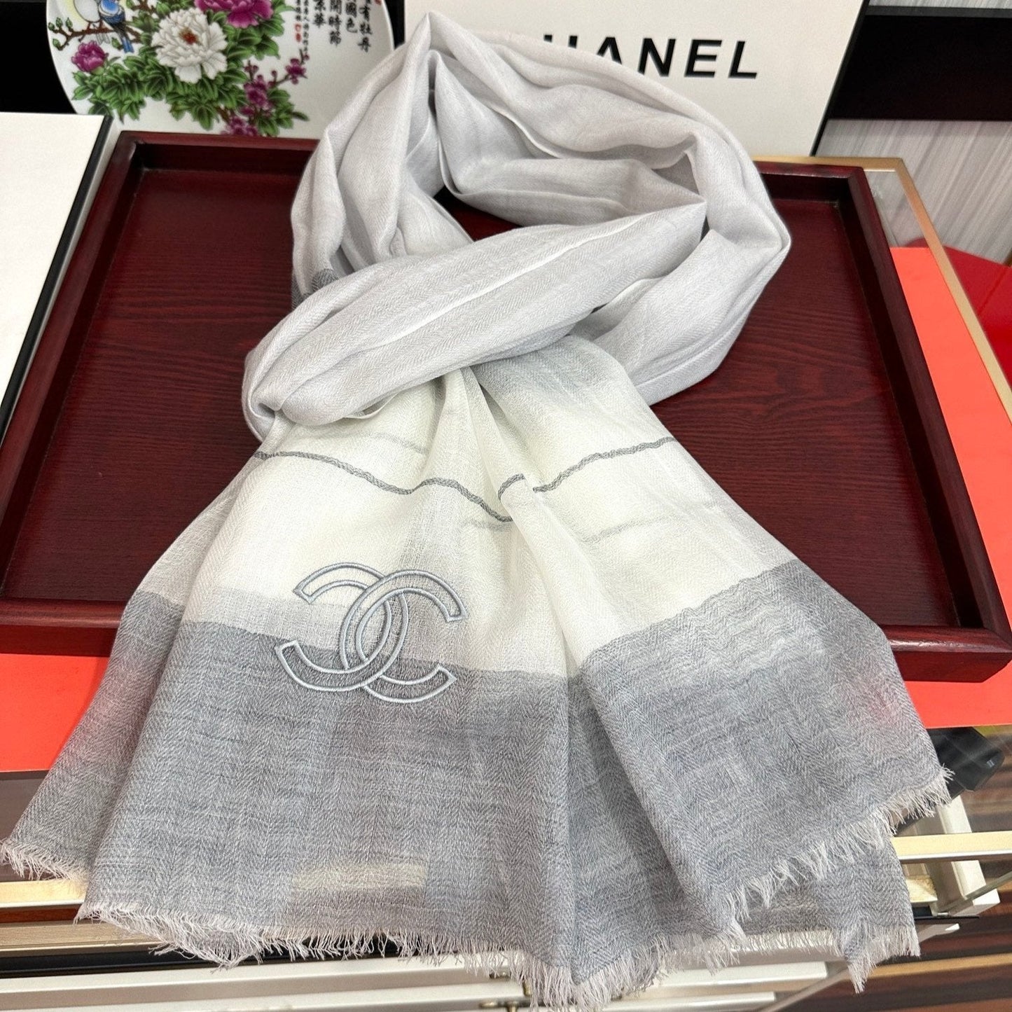 CC Scarf 200 CM In White Mix Light Grey Linen Fabric 423097