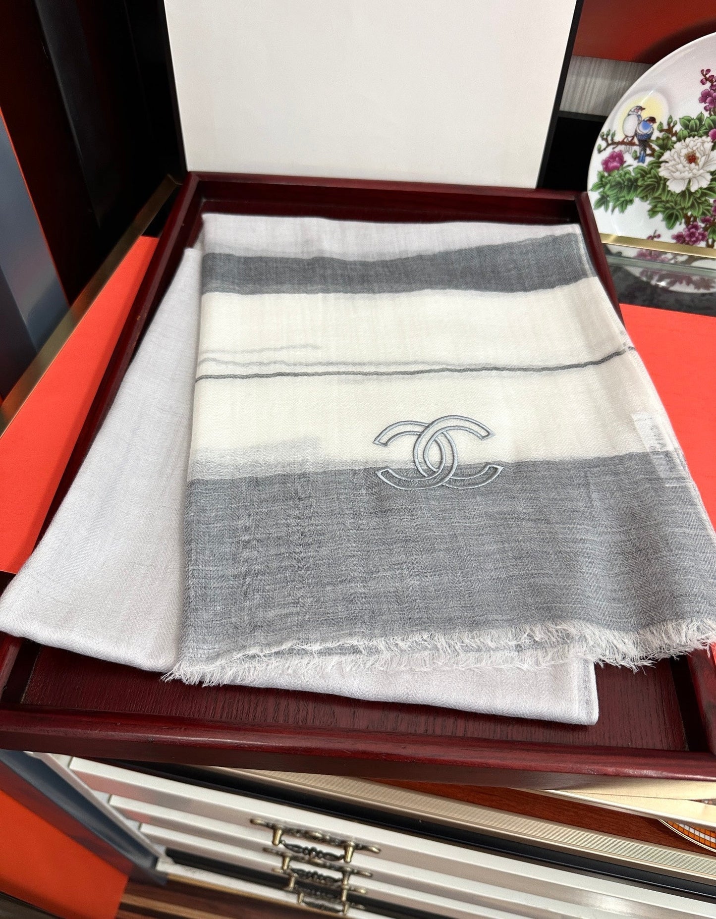 CC Scarf 200 CM In White Mix Light Grey Linen Fabric 423097