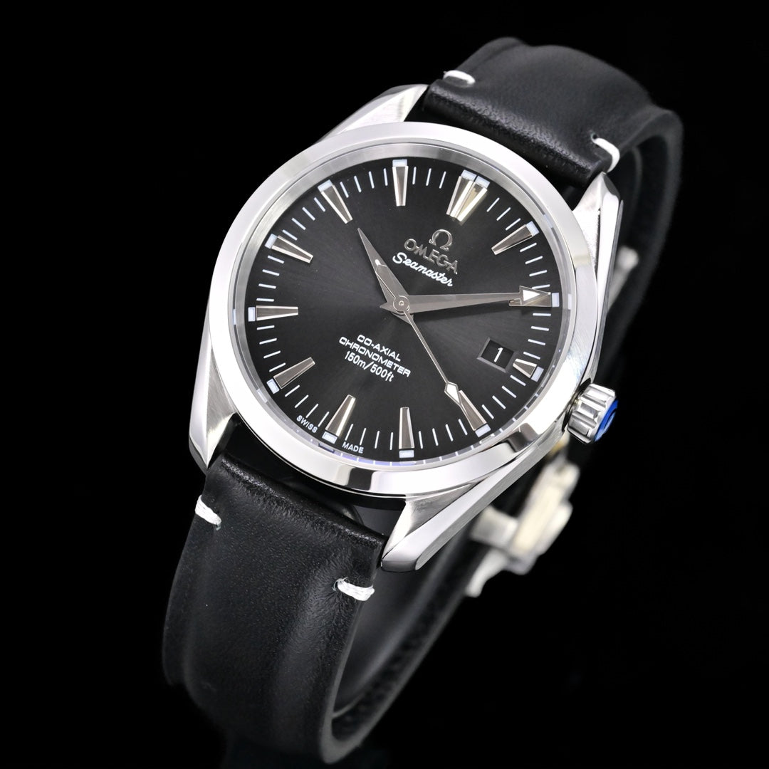 Omega Seamaster 150M Aqua Terra Observatory 39mm Black Dial Black Leather Strap