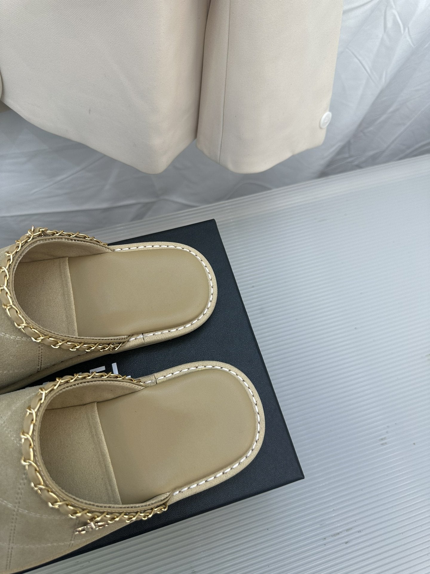 CC Khaki Green Suede Gold Chain Mules
