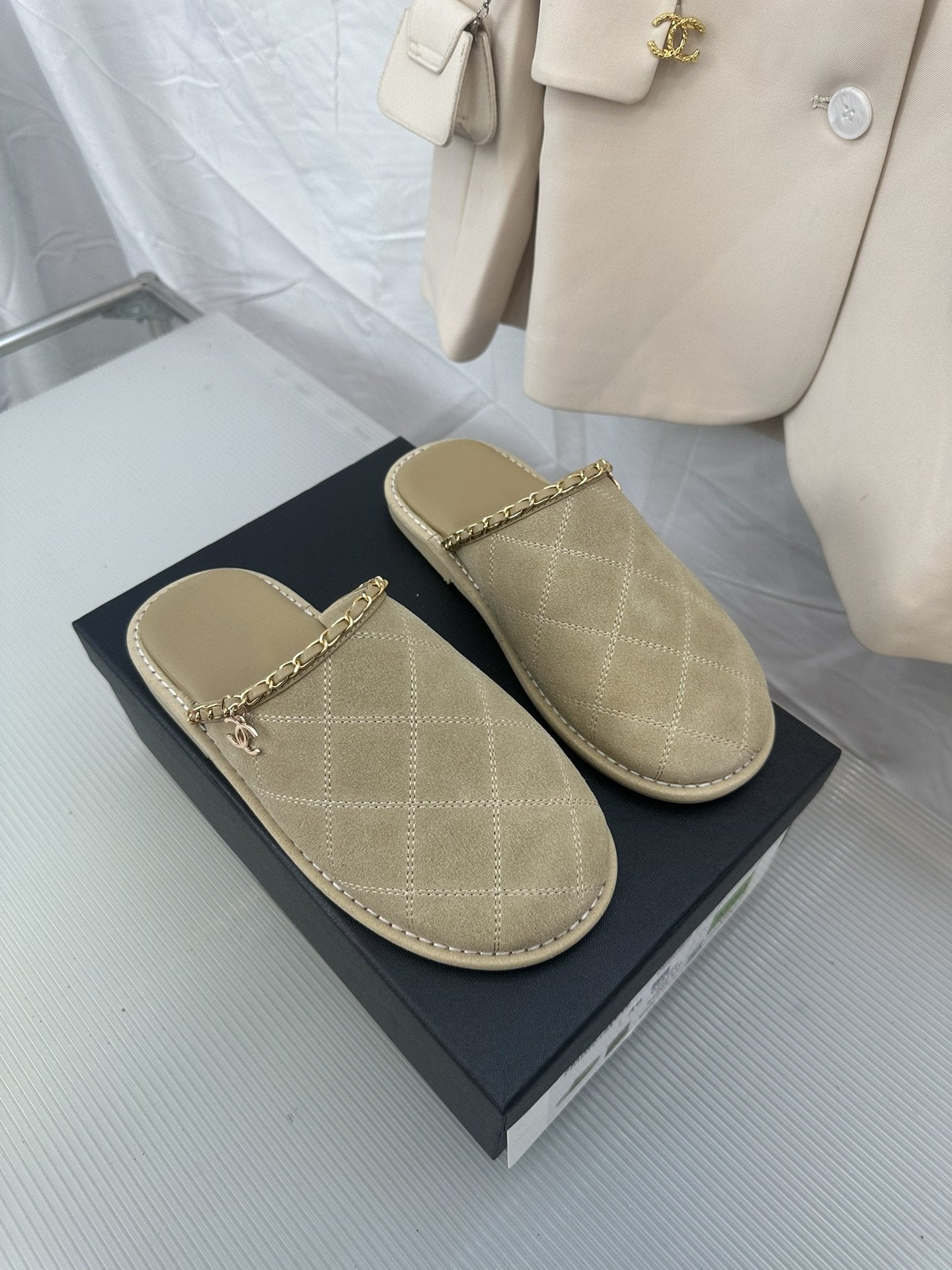 CC Khaki Green Suede Gold Chain Mules