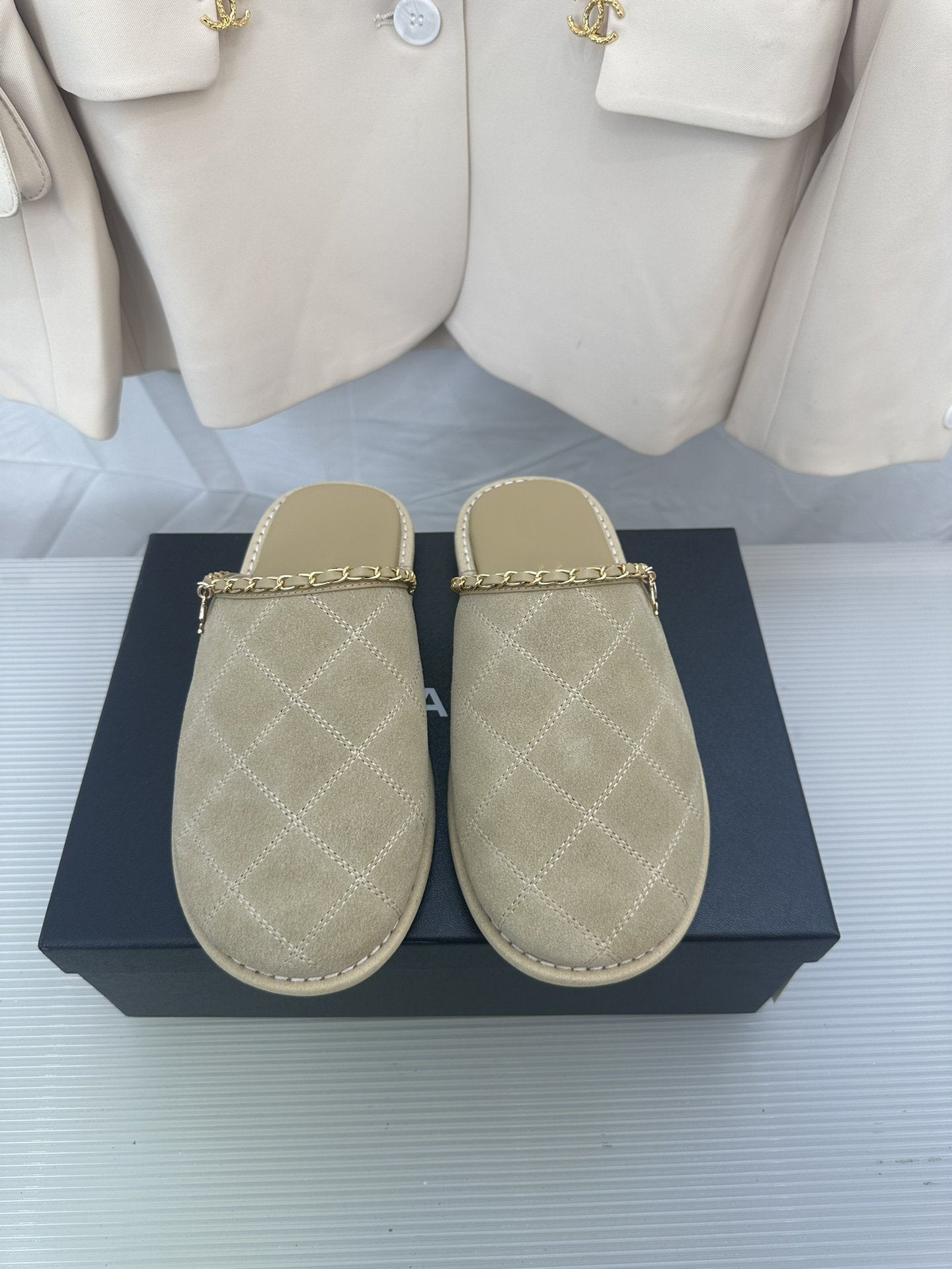 CC Khaki Green Suede Gold Chain Mules