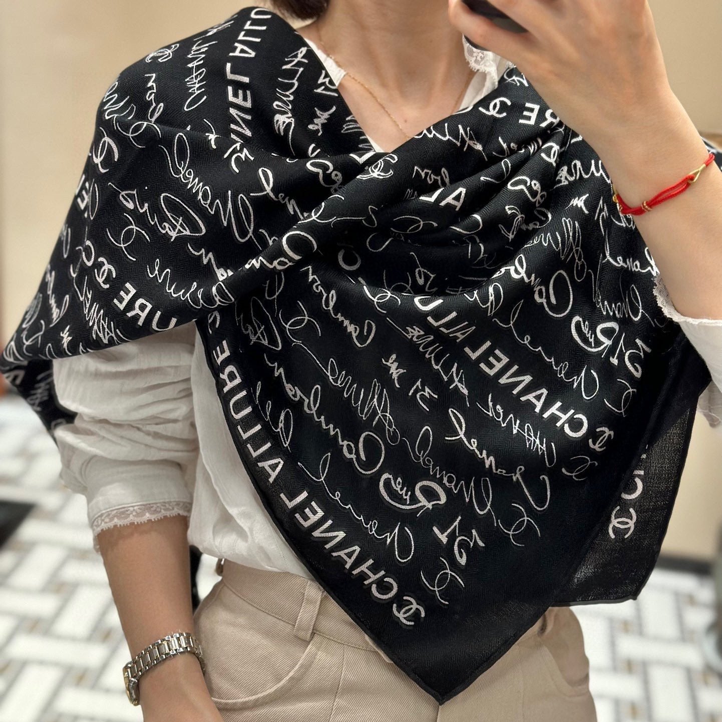 CC Square Scarf 110 CM In Black With White Text Cashmere Silk 320584