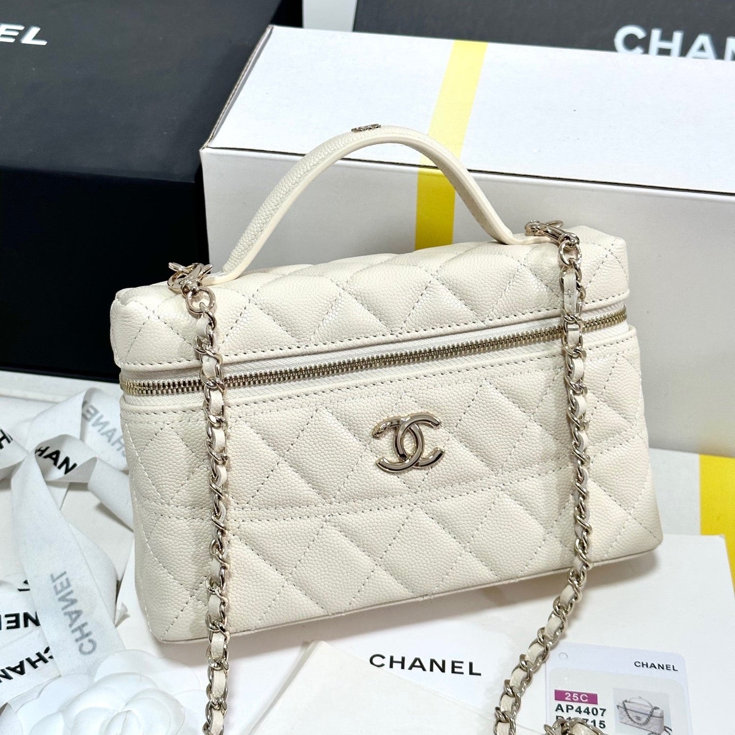 CC 25C Vanity Case Ivory White Calf Leather Light Gold Hardware 243660