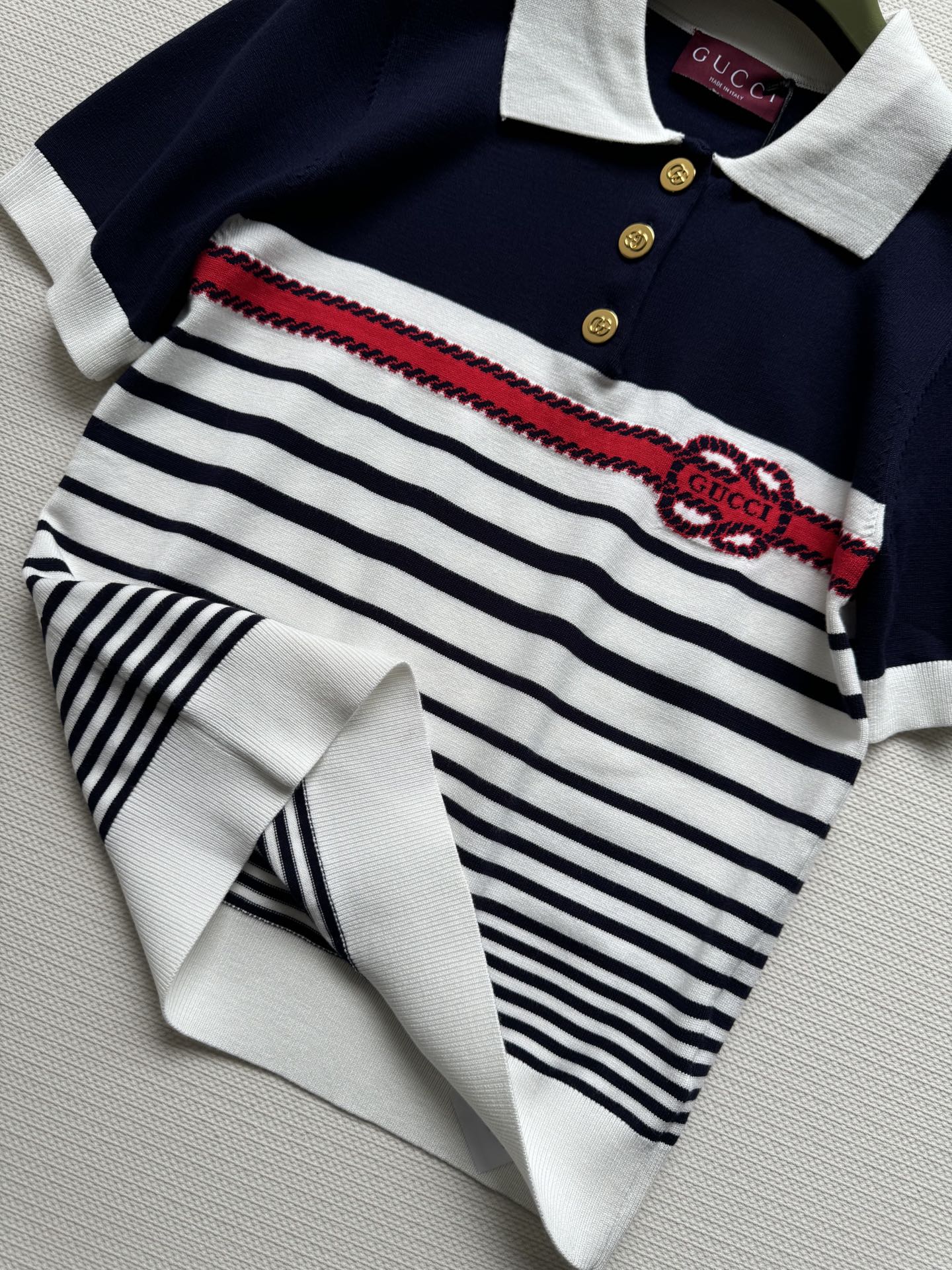 Gucci Striped Polo Knitted Top Dark Blue White Cotton