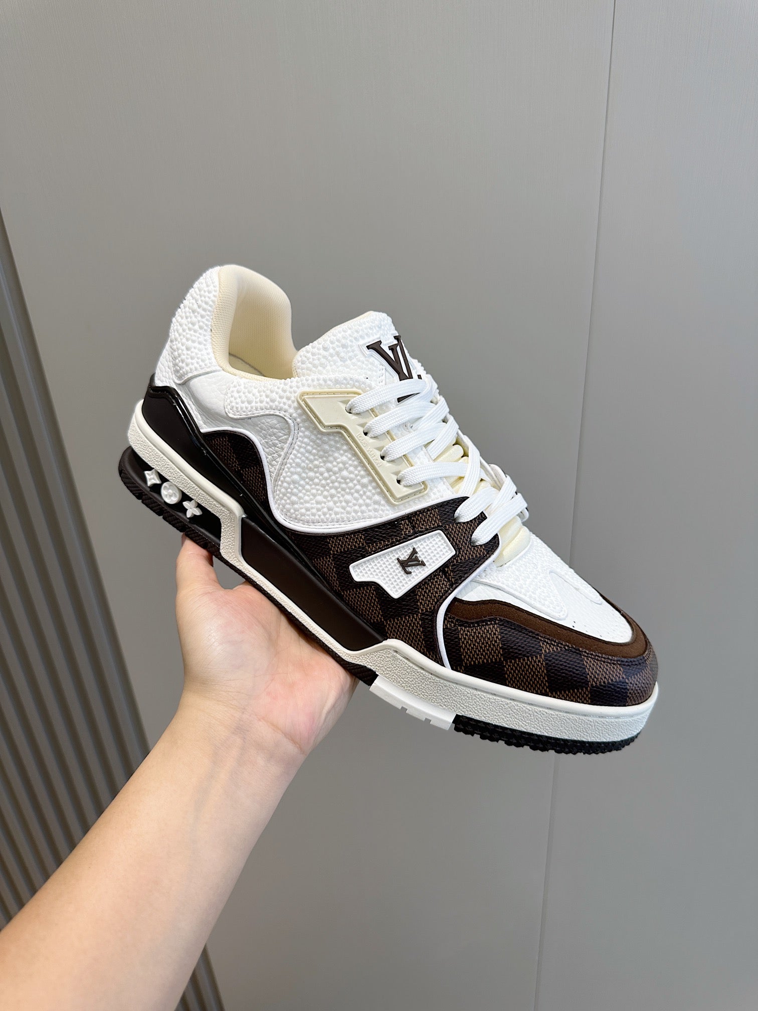 LV TRAINER CHOCOLATE BROWN DAMIER MIX WHITE GRAINED CALFSKIN