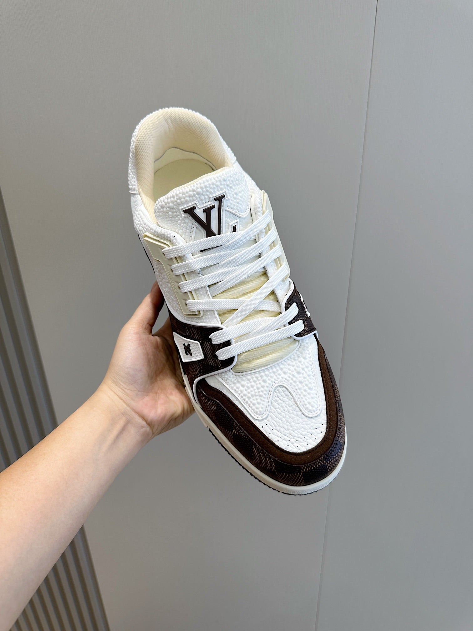 LV TRAINER CHOCOLATE BROWN DAMIER MIX WHITE GRAINED CALFSKIN