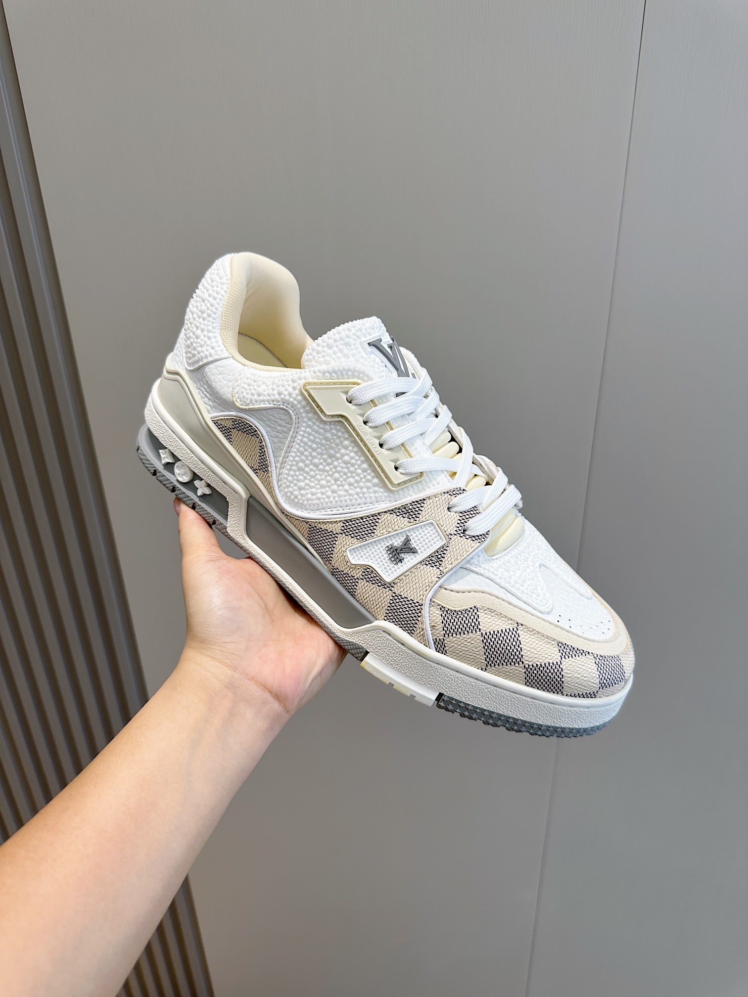 LV TRAINER BEIGE CREAM DAMIER MIX WHITE GRAINED CALFSKIN