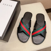 GG Men's Web Slide Black Green Cowhide 554606
