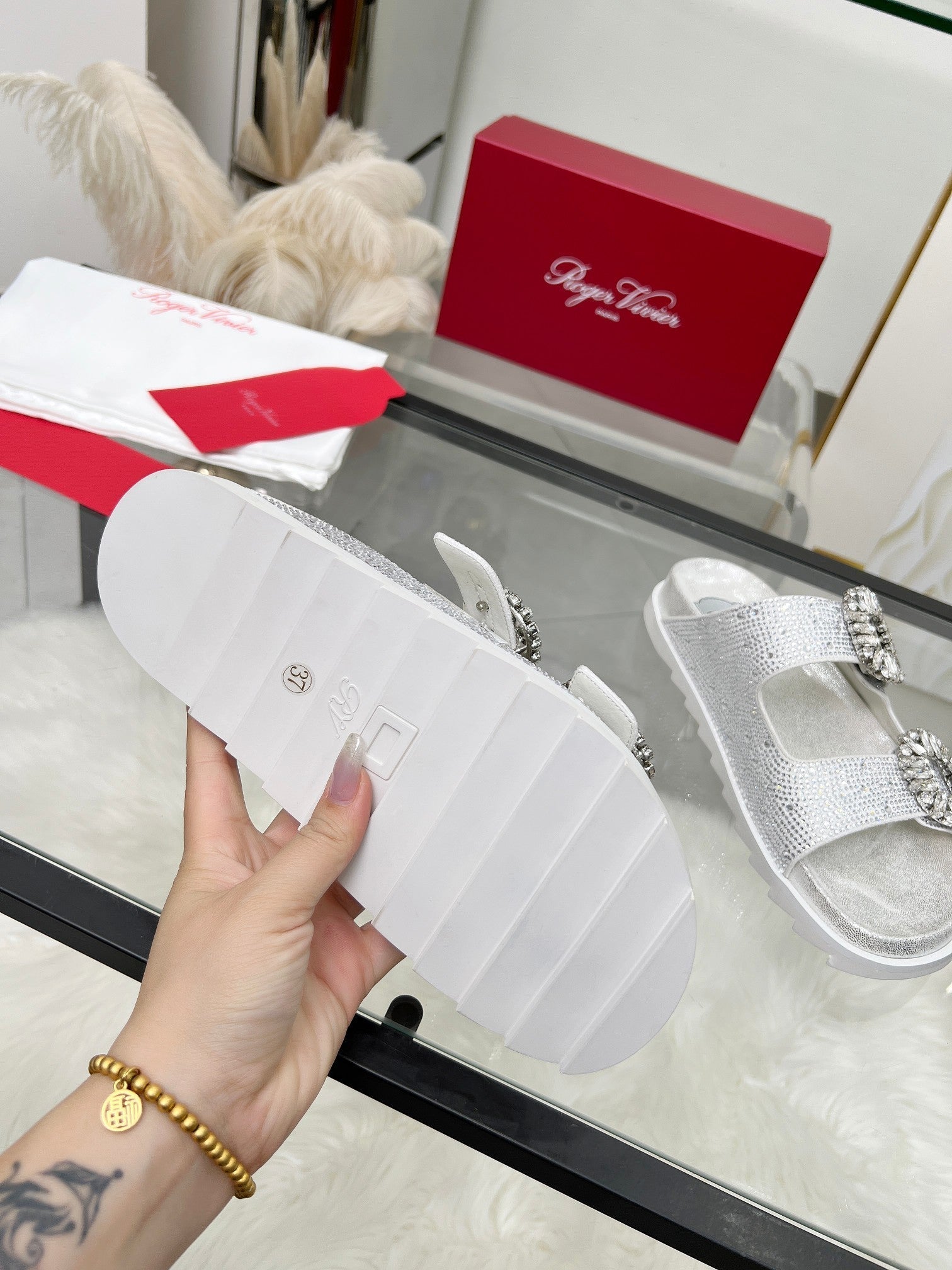 Viv 25 Slidy Diamond Slippers Silver PVC Silk Cowhide 259288