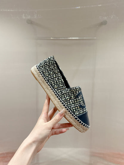 cc espadrilles dark blue blended fabric calfskin