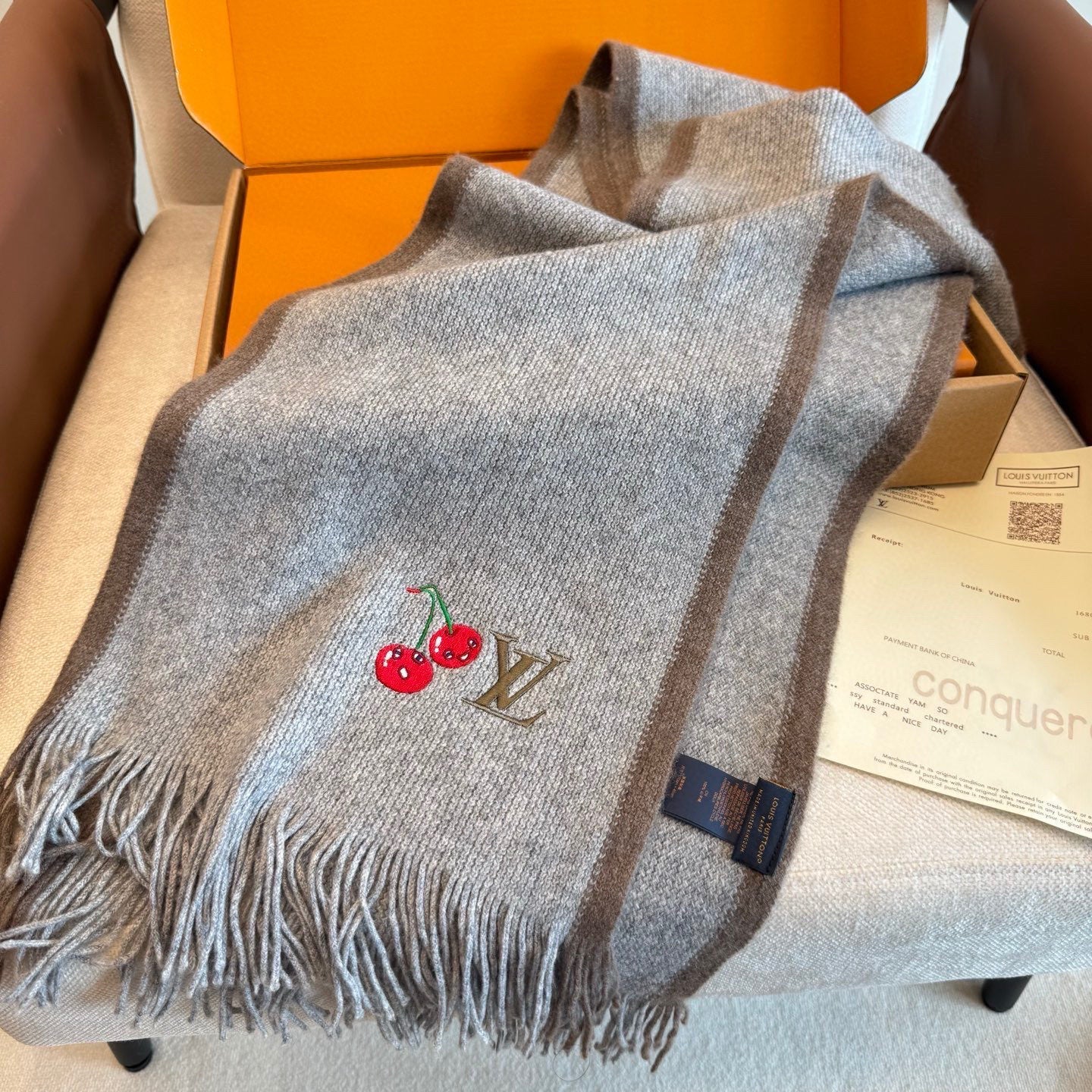 LV 25ss Scarf 180CM Gray Knitted Cashmere 292792