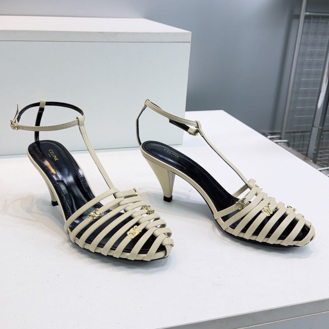 Celine 26 Cage Heeled Sandals 65mm Sheepskin 741768