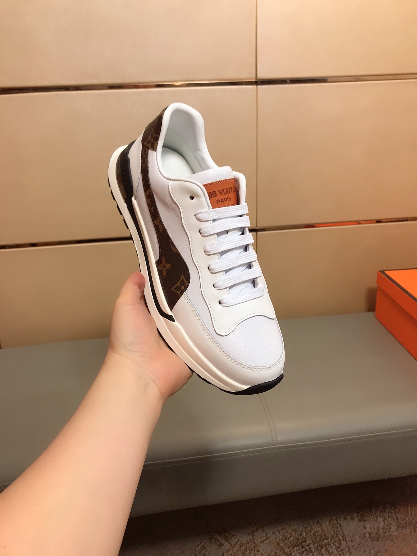 LV SNEAKERS IN GREY MIX BROWN CALFSKIN AND BRANDED PRINTED FABRIC