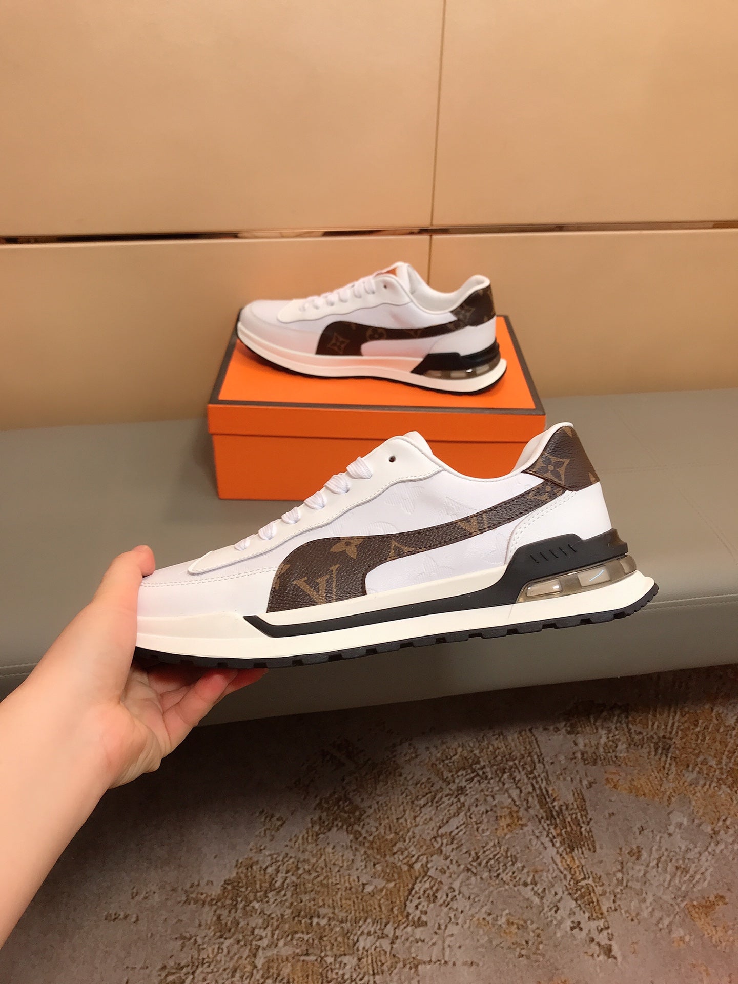 LV SNEAKERS IN GREY MIX BROWN CALFSKIN AND BRANDED PRINTED FABRIC