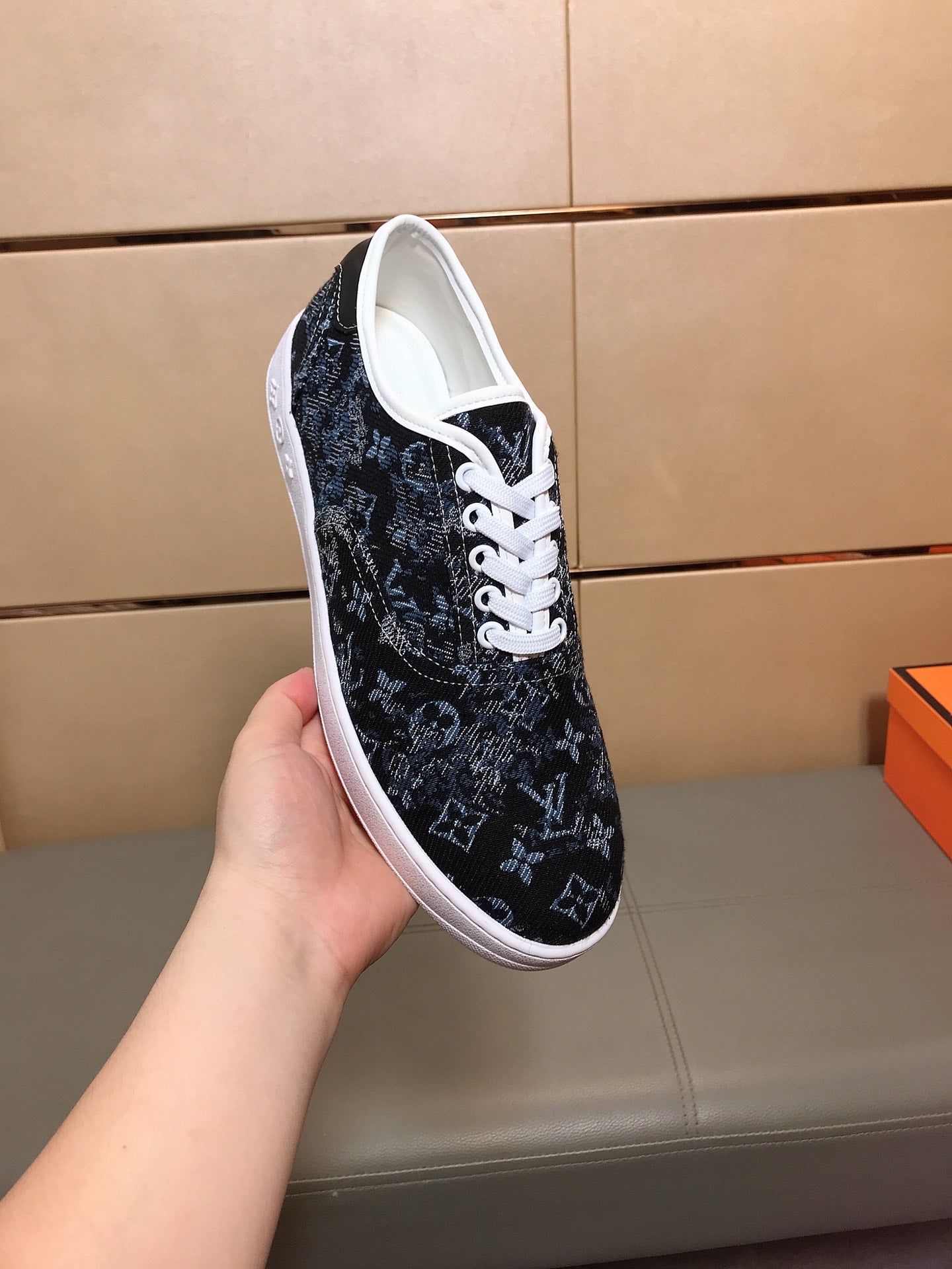 LV TRAINER BLACK MIX BLUE MONOGRAM JACQUARD